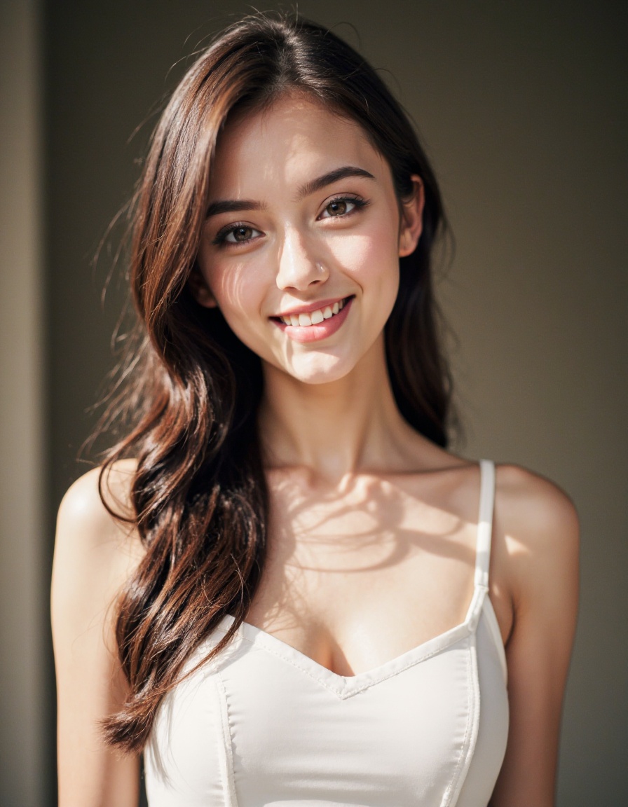 film grain, 1girl, solo, realistic, brown hair, looking at viewer, dress, long hair, smile, white dress, brown eyes, photorealistic, upper body, lips, sleeveless, breasts