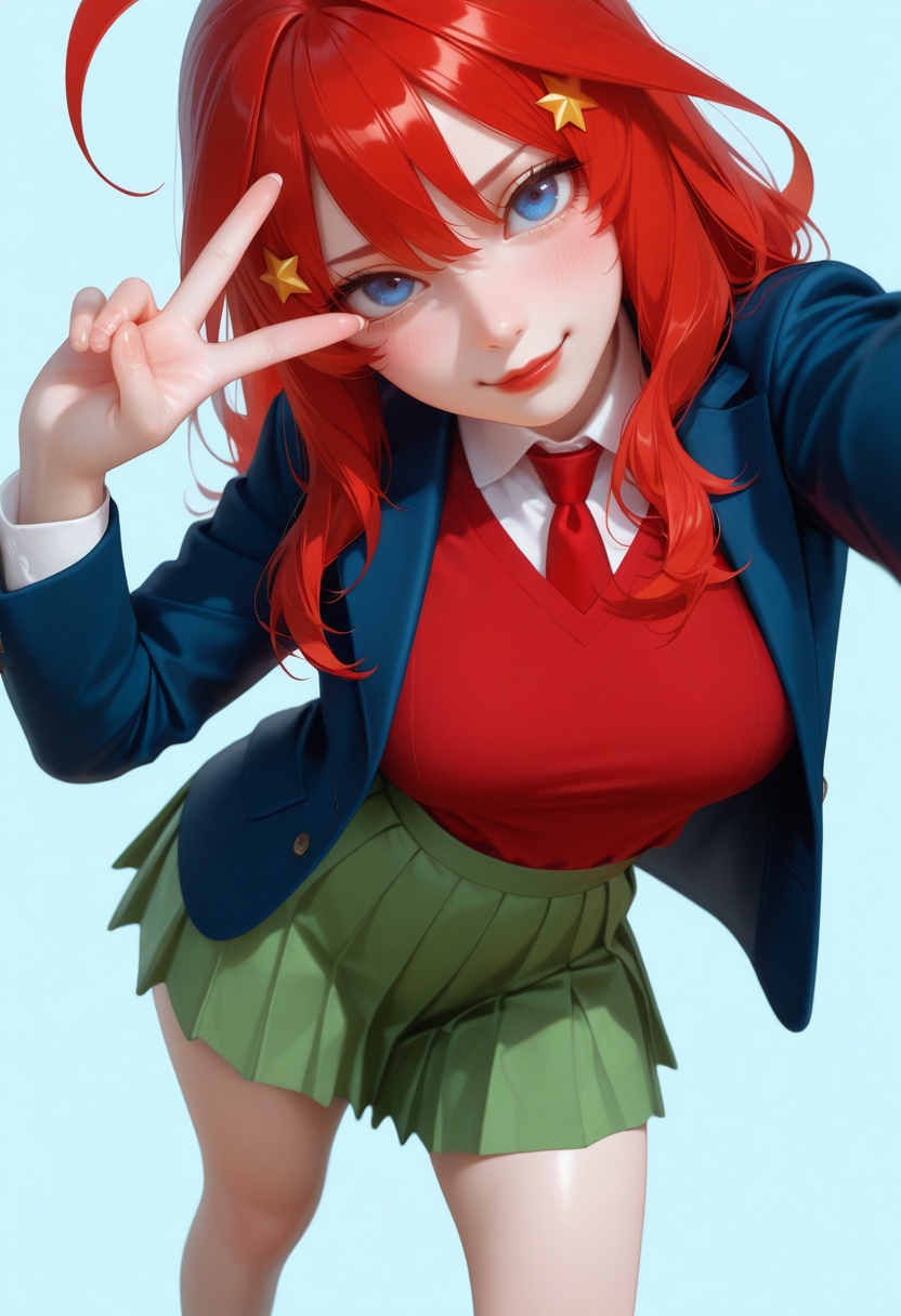 masterpiece,best_quality,(realistic:1.2),photorealistic,amazing quality,very aesthetic,absurdres,vibrant,newest,perfect body,detailled body,fair skin,pale_skin,velvet skin,curvy body,voluptuous body,skindentation,narrow waist,wide hips,full bust,curved silhouette,S-curve body,wide pelvis,slim legs,long legs,wide_shot,perfect hands,extreme aesthetic,masterful details,with a high end texture,in the style of fashion photography,Visual impact,impactful picture,offcial art,simple_background,Soft Lavender background wall,blue background,(hand close-up,from above,selfie,outstretched arm,foreshortening,reaching towards viewer,looking at viewer,looking up,contrapposto:1.2),head tilt,smug,V,1girl,young woman,solo,bright red lips,knee_blush,<lora:NakanoItsuki-Illustrious-V2:1>,NI,red hair,star hair ornament,sidelocks,ahoge,hair between eyes,blue eyes,school uniform,red sweater,tie,blue blazer,open blazer,pleated skirt,long green skirt,