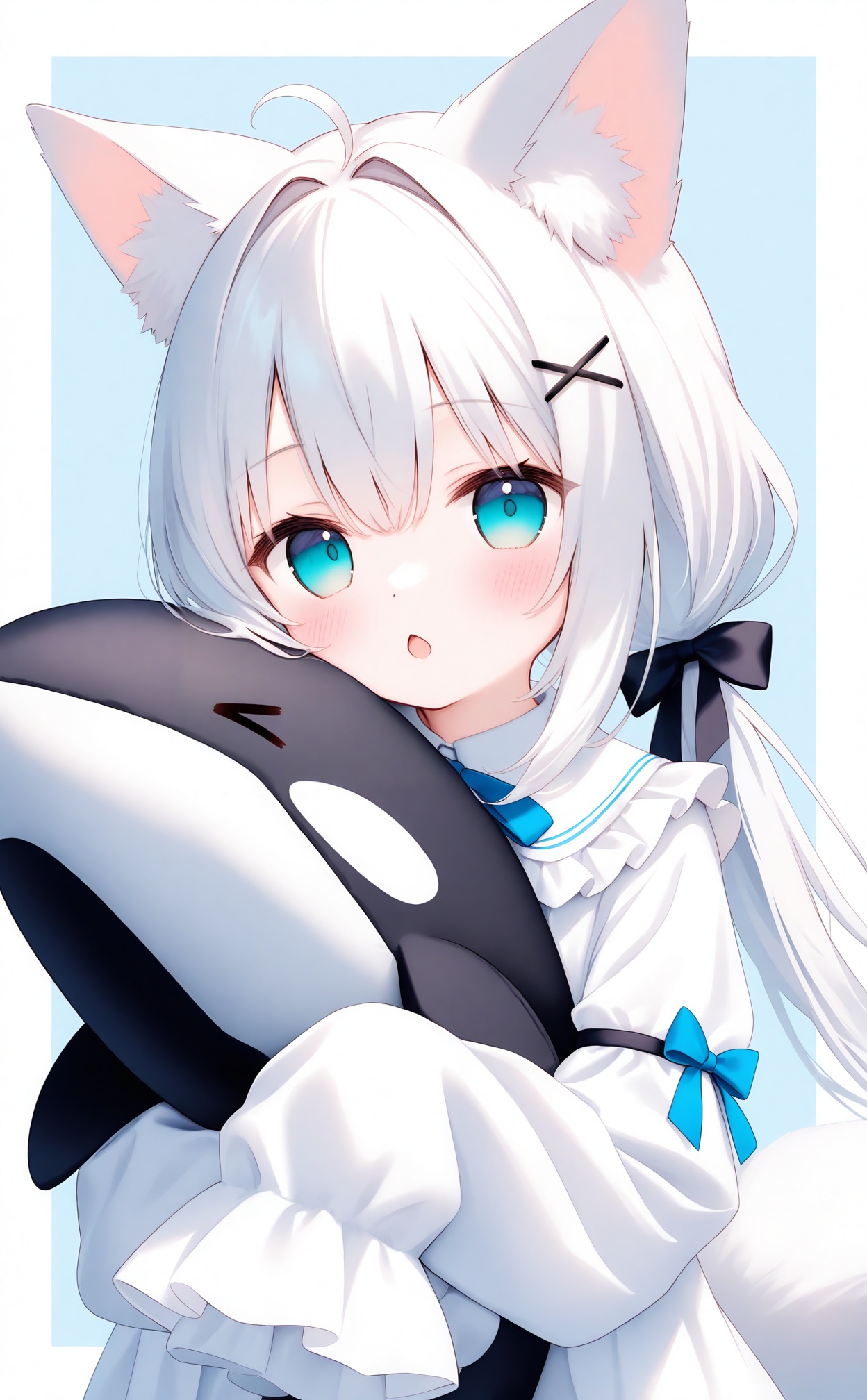 alens,1girl,animal ears,hair ornament,white hair,blue eyes,long hair,sleeves past fingers,sleeves past wrists,tail,bow,ahoge,looking at viewer,x hair ornament,twintails,low twintails,animal ear fluff,solo,blush,long sleeves,hair bow,fox ears,blue bow,:o,fox girl,upper body,shirt,white shirt,hugging object,blue background,fox tail,parted lips,chestnut mouth,open mouth,hair between eyes,>_<,dress,black bow,simple background,two-tone background,white background,very long hair,open clothes,white border,sidelocks,border,frilled sleeves,grey hair,aqua eyes,hairclip,hair intakes,frills,dot nose,stuffed toy,virtual youtuberarm garter,orca,<lora:Nano_alens3:1>,