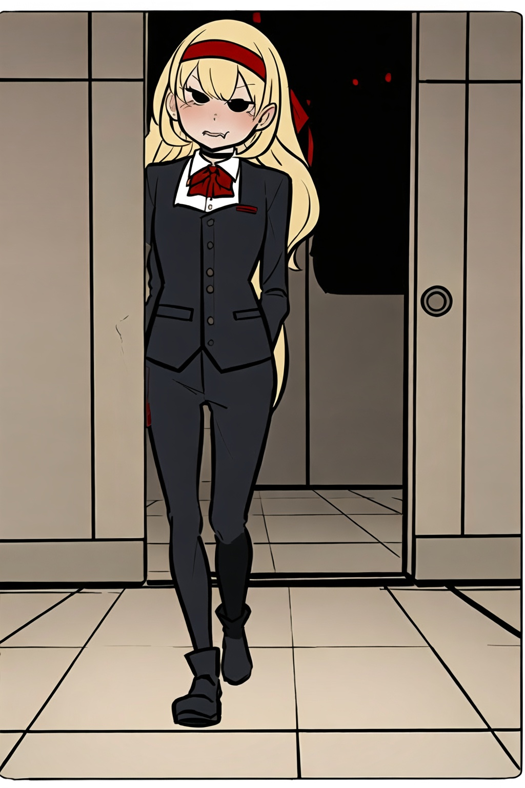 1girl,wsdxj,solo,ojousama,cuteg,red headband,red bowtie,full body,rejection,overlook,evil atmosphere,interrogate the background,