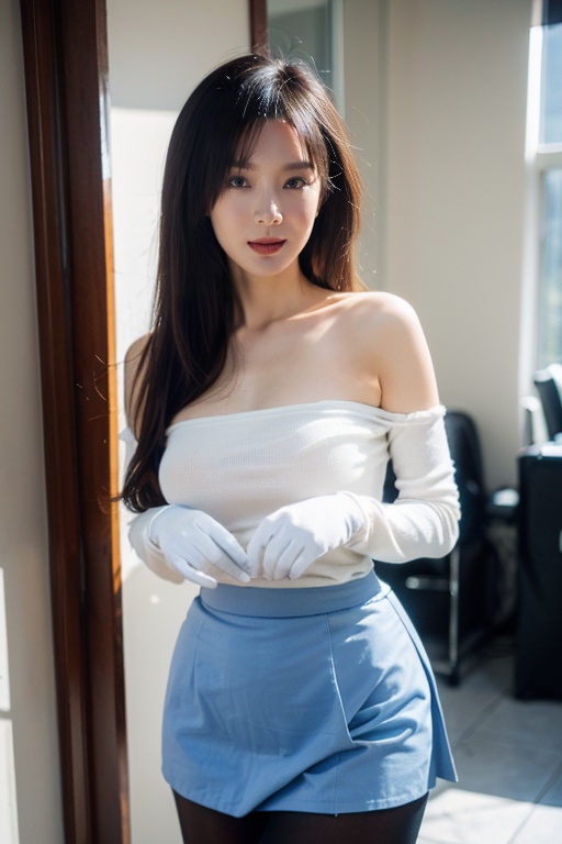 1 Girl, Solo, Small Bag, Long Hair, Gloves, Sexy Dress, Dazed, Looking at the Audience, Black Hair, Gloves, Lips, Bare Shoulders, Realistic, Upper Body, Parted Lips, Brunette, Collarbone, Nikon Camera, Natural Light, Super High Quality, Best Works, chang,long sleeves,beautifull huge boobs, chunyu, black dress, shidudou,pantyhose, (china dress), skirt_lift,*****,dripping, office lady,pencil skirt, blue dress ,see-through,(skirt lift:1.5),  , 