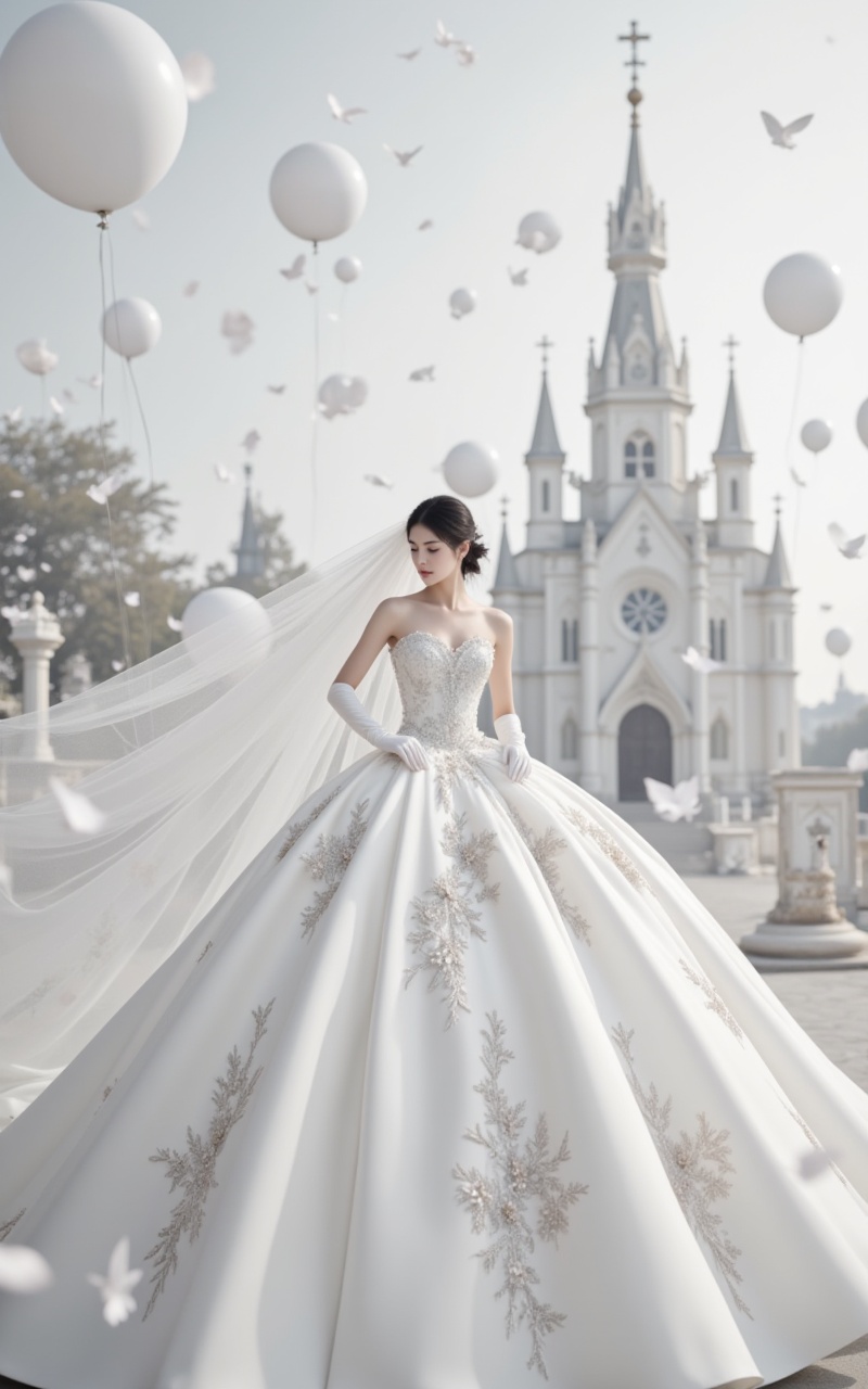 <lora:婚纱17.2:1>,hunsha,1girl,dress,solo,gloves,black hair,elbow gloves,white dress,bare shoulders,white gloves,wedding dress,closed eyes,full body,long dress,grey background,strapless,standing,short hair,church,in the background is the 1 glorious church,a large number of petals and balloons flying in the air,simple background,gradient_background,<lora:时尚滤镜10:0.5>,