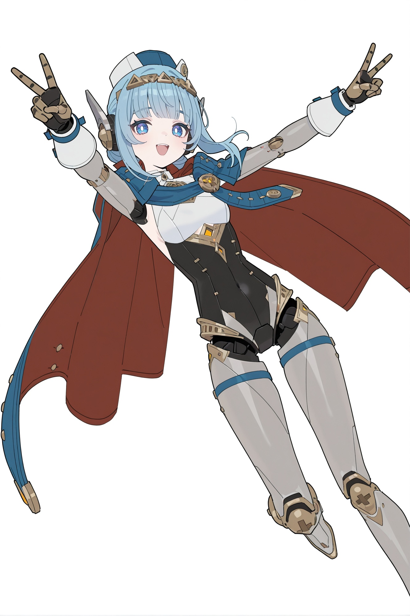 8k,best quality,masterpiece,ultra-detailed,(high detailed skin),(year 2024:0.8),flat color,artist:maidforge,artist:aqua inc.,artist:edoya inuhachi,artist:reoen,artist:fuzichoco,solo,white background,simple background,petite,skinny,t indoor,looking_at_viewer,panorama,full_shot,dashed_eyes,wedding_dress,jumping,double_v,happy,<lora:Ineffa-ill-Tanger-000014:0.8>,(Ineffa,Ineffadef cape,clothes: Ineffadef outfit:1.2),1girl,solo,joints,Ineffa blue eyes,blue hair,robot joints,android,white pupils,hat,