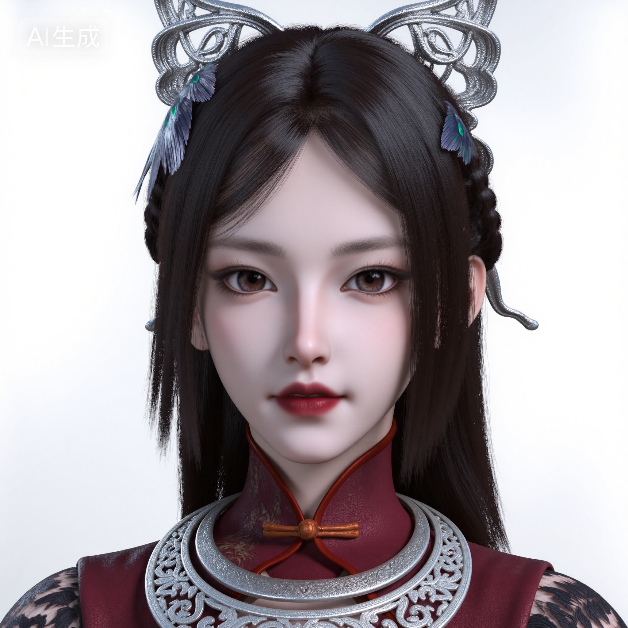 mimi,YuMo,close-up portrait,mimi,, front view,looking at viewer,light smile,, long straight black hair with delicate side braids,ornate silver cat-ear headdress with iridescent feathers,full crimson lips,fair skin,wearing cropped burgundy cheongsam with peacock embroidery,black lace sleeves,, intricate silver neck rings,, pure white background,soft natural lighting,elegant and refined presence,, Negative prompt: ng_deepnegative_v1_75t,(badhandv4:1.2),EasyNegative,(worst quality:2),,nsfw, Steps: 30, Sampler: Euler, CFG scale: 3.5, Seed: 267627100, Size: 1024x1024, Model hash: 0734f0ab2a, Model: F.1 模型下载版-黑暗森林工作室_fp16.sft, Denoising strength: 0.4, RNG: CPU, Lora 1: 20251105-1762362525734-0010, Lora Hash 1: 9961b4e9ee, Lora Weight 1: 0.8, Lora 2: 金宝-F.1-妆容.美颜.磨皮。三合一, Lora Hash 2: 9fa9e2a424, Lora Weight 2: 0.2, Lora 3: 去油光真实皮肤人像, Lora Hash 3: cac268c67e, Lora Weight 3: 0.3, vae_name: automatic, Hires resize: 2048x2048, Hires steps: 30, Hires upscaler: 4x-UltraSharp