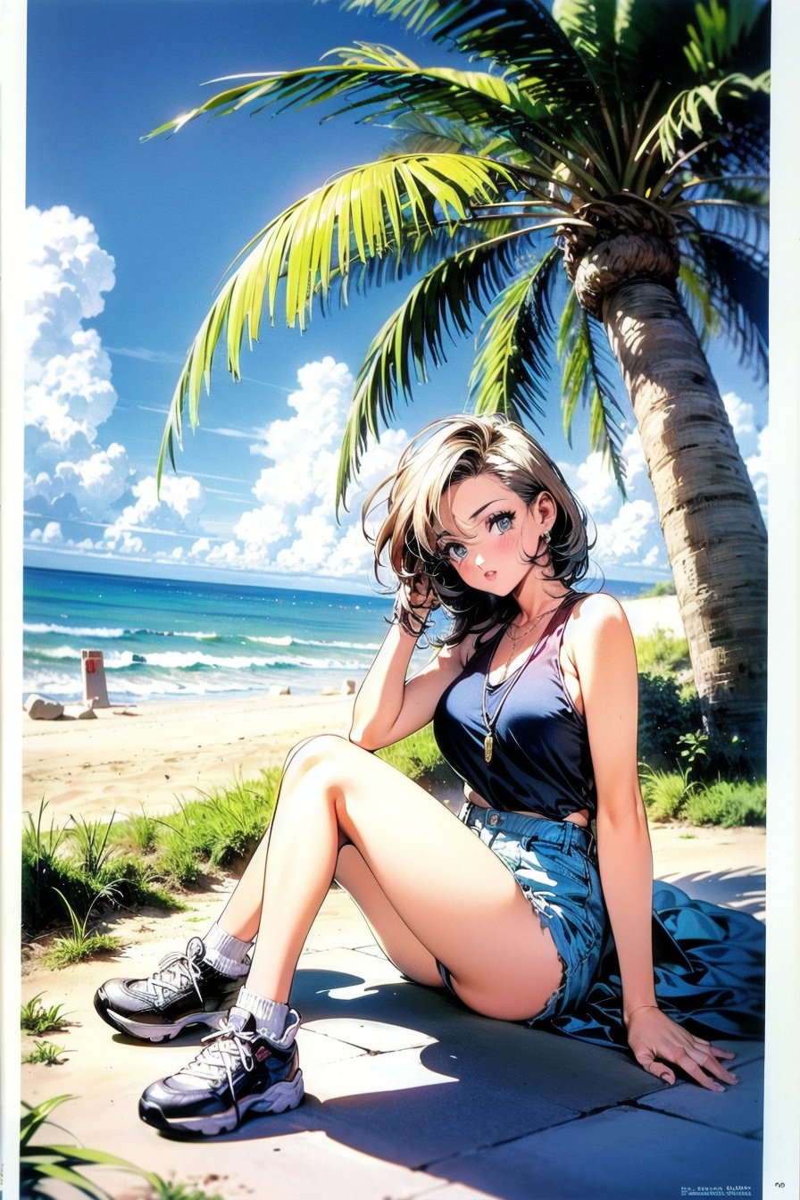 (1990s (style) retro artstyle:1.25)pastel colorlooking at viewer1girl cloud sky sand palm tree on Tensor.Art