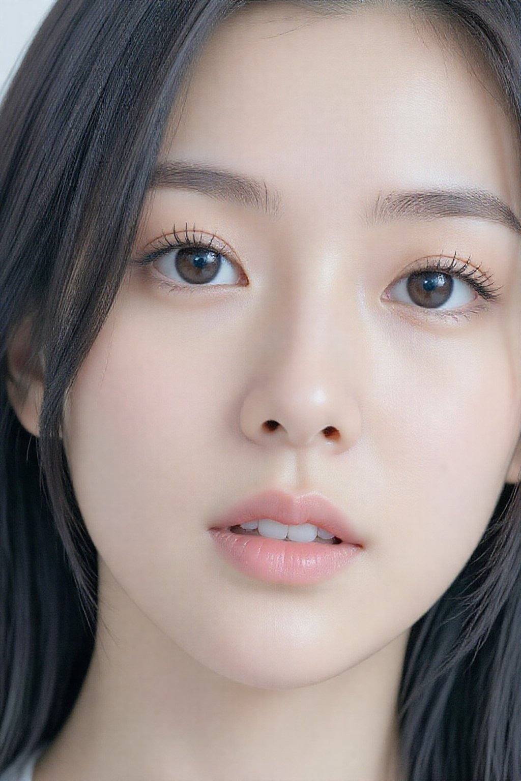 This is a photograph of a young East Asian woman with long, straight black hair framing her face. She has fair skin with a smooth complexion, and her makeup is subtle, highlighting her natural beauty. Her eyes are almond-shaped with dark, well-groomed eyebrows and long, black eyelashes. Her lips are full and slightly parted, showing a natural pink hue. The background is plain white, making her facial features stand out prominently. The lighting is soft, enhancing her clear skin and giving a gentle glow to her complexion.