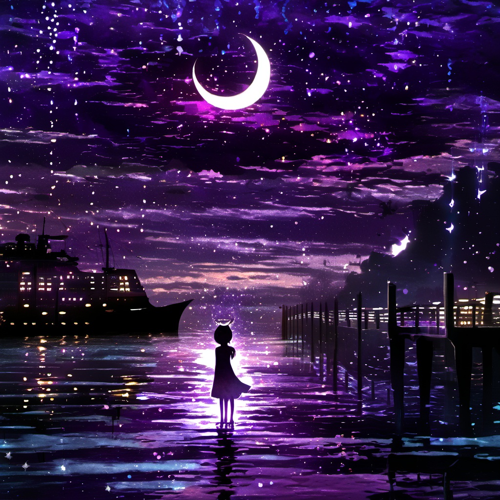 <lora:star_xl_v3:1>,silhouette painting, ethereal ambiance, 1girl, purple theme, solo, short hair, dress, standing, outdoors, sky, cloud, water, night, halo, moon, star \(sky\), night sky, scenery, starry sky, crescent moon, building, reflection, city, fantasy, city lights, a serene nighttime scene by a body of water. , the sky is painted with hues of purple and blue and a crescent moon. the water reflects the colors of the sky and the lights from the ship, a purple and black silhouette of a girl stands by the water's edge on the left gazing at the ship. , she wears a dress and has a glowing headpiece, the ship illuminated with lights, a large vessel with multiple decks, the entire scene is bathed in a magical ambiance, sparkles and particles floating in the air, body of water, ship, girl, headpiece, decks, magical ambiance, sparkles, particles