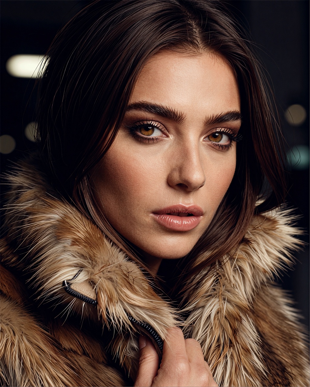 A close up portrait of a woman with dark brown hair that falls in soft waves around her face and shoulders. Her eyebrows a...