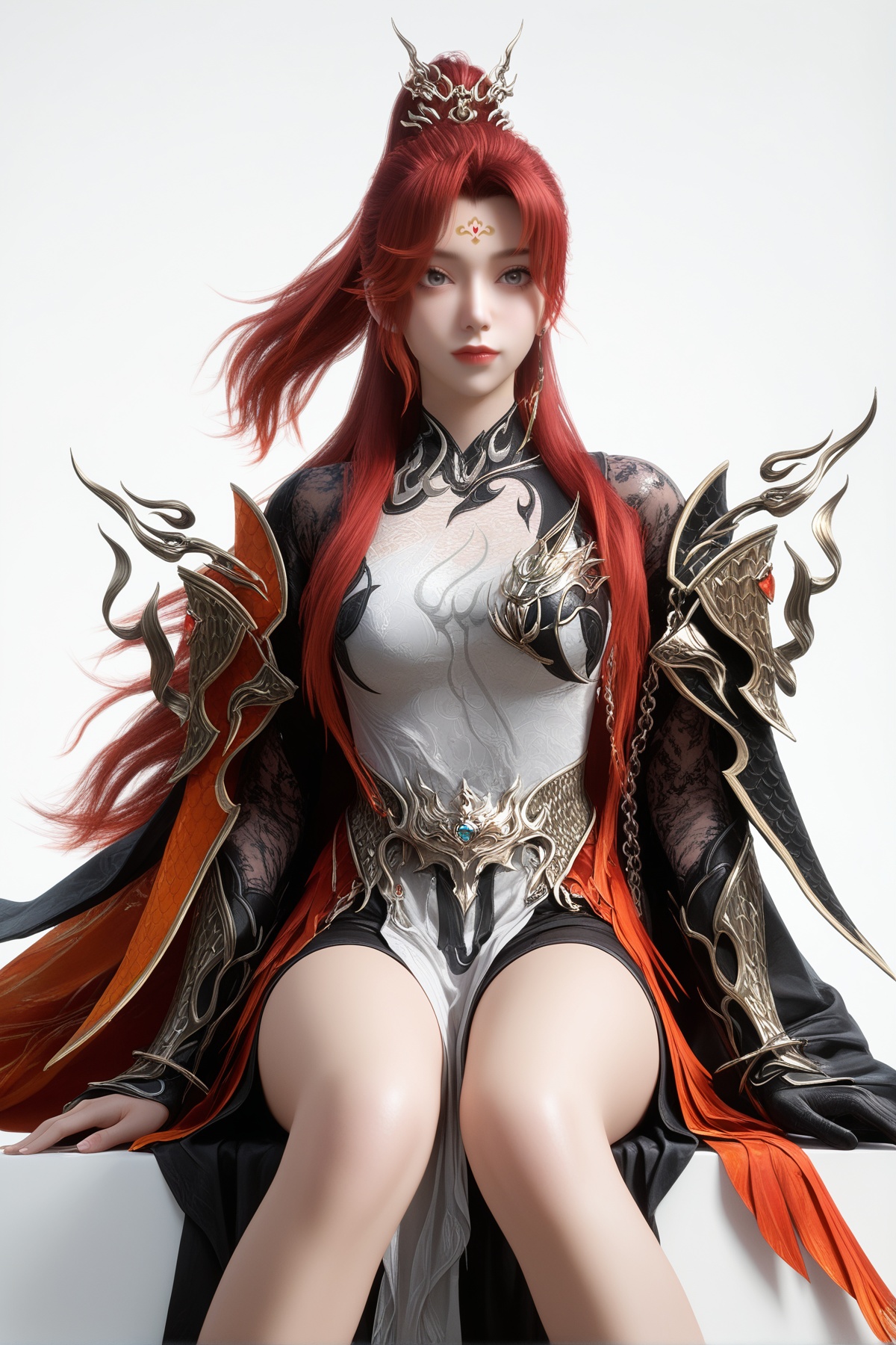 masterpiece,best quality,realistic,cinematic,detail eyes,(ultra-detailed),perfect composition,intricate details,absurdres,detailed face,high quality,high res,8K,<lora:X_chiyanghuaming_IL3.0:0.8>,1girl,long hair,breast,medium breast,hair_ornament,dress,red hair,grey eyes,forehead mark,armor,bare_legs,sitting,simple background,white_background,high ponytail,