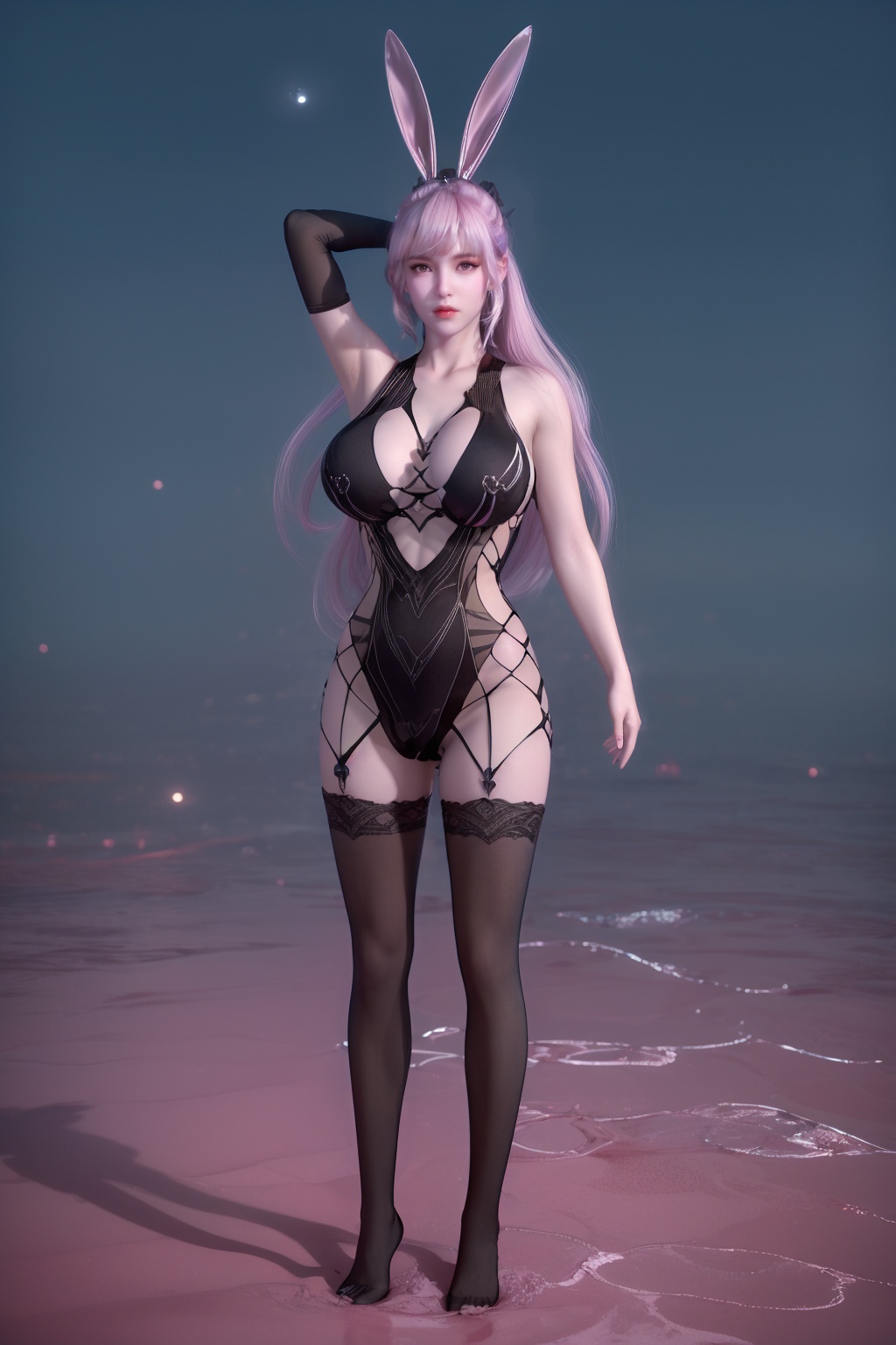 (8k, RAW photo, best quality, masterpiece:1.2),(super realistic, photo-realistic:1.3),ultra-detailed,extremely detailed cg 8k wallpaper,hatching (texture),skin gloss,light persona,(crystalstexture skin:1.2),(extremely delicate and beautiful),ultra-high resolution,Surrealism,fantastical verisimilitude,fantastical creation,thriller color scheme,surrealism,abstract,psychedelic,breasts grab,(black_underwear:1.2),(black_dress:1.2),animal ears,rabbit ears,full body,arms behind head,1girl,solo,very long hair,flower,(moon),moonlight,water surface,windy,pink hair,shiny hair,light,shiny,underwear,black pantyhose,fishnets,xwhd,<lora:0502小舞献:0.8>,ll-hd,<lora:1111白皙质感:0.5>,ty-hd,<lora:0110田野:0.6>,<lora:0413情趣衣服:0.6>,
