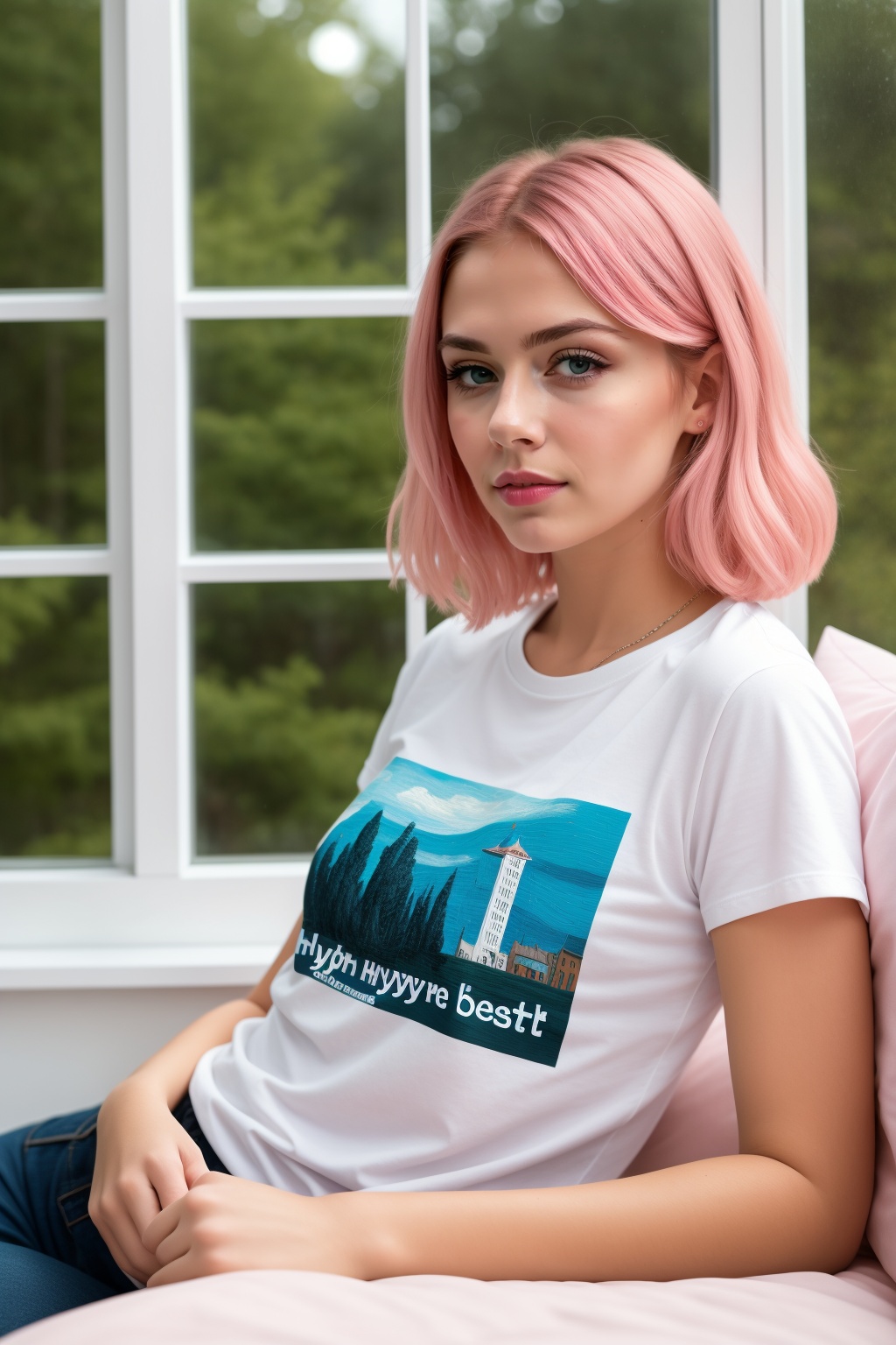 create a hyper realistic image of cute girl sitting on her bed in her room and glacing through the window,  pink hair,  we...