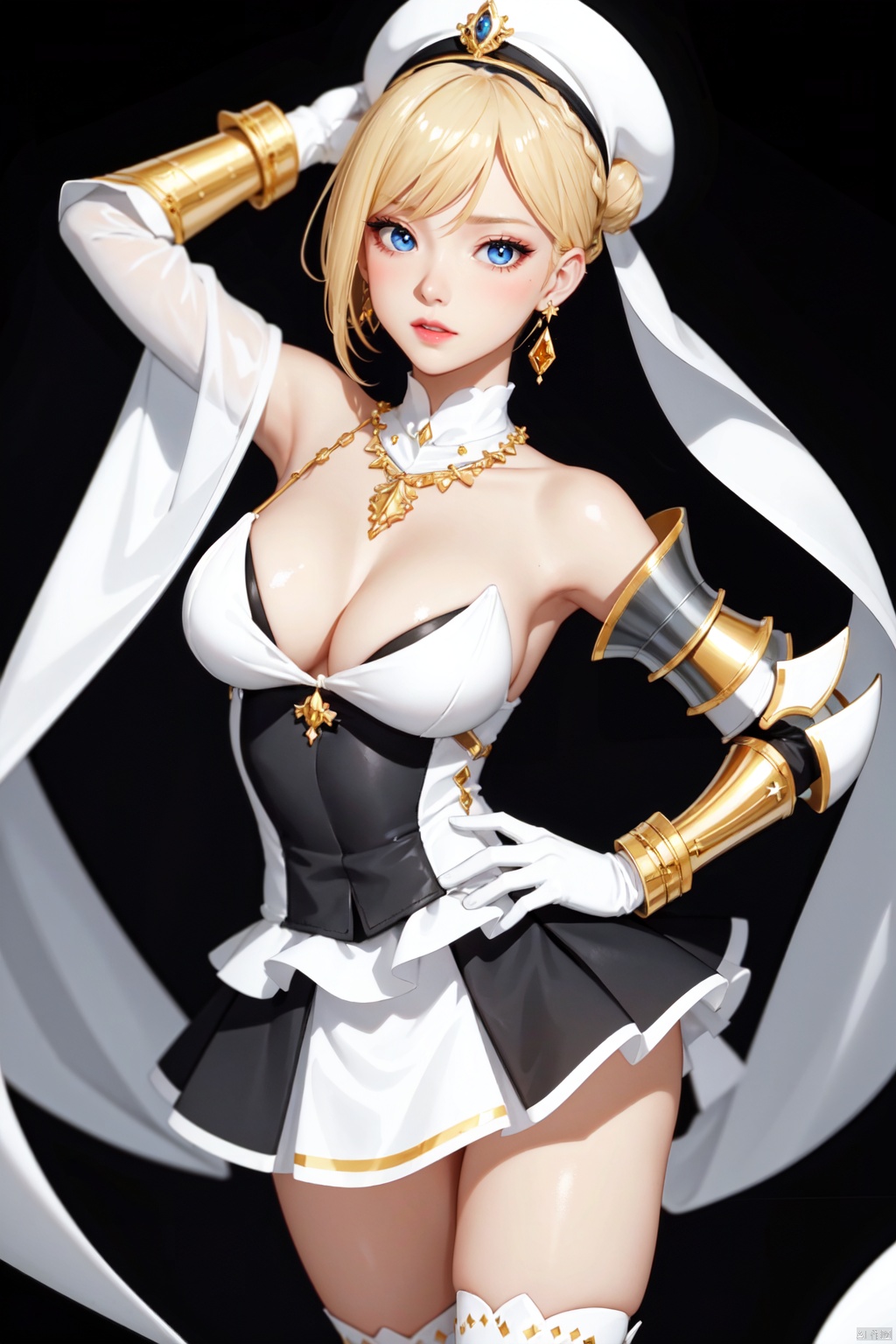 Realistic style, cinematic work, 8K wallpaper, masterpiece, very realistic quality, best quality, masterpiece, high-level, high-resolution,,,Edge lighting, dual tone lighting, soft lighting, The illuminated surface of the material has bright spots and highlights, which flicker and have a mirror effect when reflected, There are sparkling spots on the armor,,,1 girl, mature female, solo, full body, looking at viewer, lace, strong rim light, Standard proportion of female body, golden proportion of female body,,,Standing, standing posture, Sexy full body standing posture,,,,(yonggan, 1girl, blonde hair, blue eyes, short hair, hair bun, hair ribbon, hat, gloves, white gloves, boots, skirt, ribbon, epaulettes, blush, cape, pleated skirt, knee boots, cross-laced footwear, breasts, white skirt, blue headwear,:1.2),,bare shoulders, off shoulder, black hairband, bikini bottom only, short dress, swimsuit, pleated dress, bikini, floating hair, blush, ass visible through thighs, skirt,White high-heeled shoes,:1.2),,,colorful,(detailed skin: 1.3), (detailed face: 1.3),clear focus,delicate,(mature women: 1.2),(glossy skin+glossy skin: 1.4),(sweating: 1.1),(big_eyes),red_ eyeshadow,long_ Eyelashes, red lips,,,simple background, grey background,,,(Diamond hair accessories, diamond necklaces, diamond earrings, diamond earrings, clothes embedded with diamonds, armor embedded with diamonds,:1.3),,yonggan<lora:EMS-326014-EMS:0.230000>