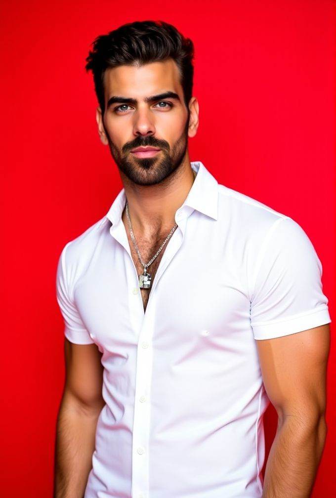 Nyle Dimarco ,  The image is a high-resolution photograph,  standing against a solid red background. wavy hair styled to t...