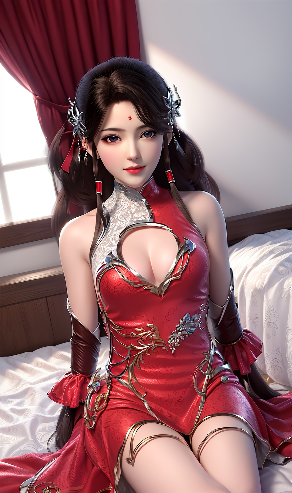 masterpiece,(best quality),official art, extremely detailed cg 8k wallpaper,((crystalstexture skin)), (extremely delicate and beautiful),highly detailed,1girl,solo,long hair,headwear,(sitting,sit down)),( hair),((red dress)),((upper body)),sweet smile, (medium breasts),((hair_ornament)),(sunshine, indoor,(bed)),, <lora:hipoly3DModelLora_v10:0.3> <lora:枫岫-完美世界-火灵儿（大）00:0.78>