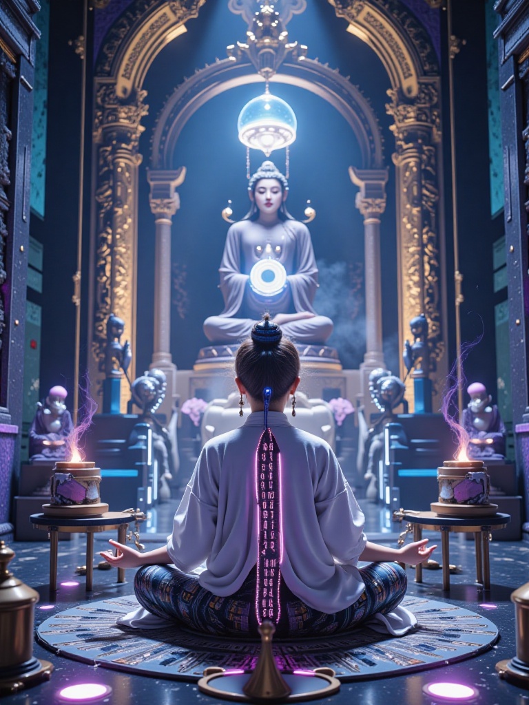 The middle scene of the holographic temple is composed of a girl with a mechanical arm suspended in front of the shrine of the circuit board in a lotus sitting posture,wearing an intelligent cassock spliced from the screen of a scrapped mobile phone (the binary code of the Great Compassion Curse is scrolled on the surface). Her left hand is printed,her palm is projected with the AR incense of fans' wishes,her right hand is holding a live stabilizer,and the top three Buddha head cameras are shooting at 360 degrees. The nano-particle Buddha's light wheel suspended at the back of the head changes color with the number of people interacting,and the maintenance panel unfolded at the knee exposes the antivirus software that is overshooting the virus. Background The electronic cigarette rising in the virtual censer forms a "666" barrage pattern,and the charging interface is exposed between the opening and closing of the mechanical lotus at the foot.,