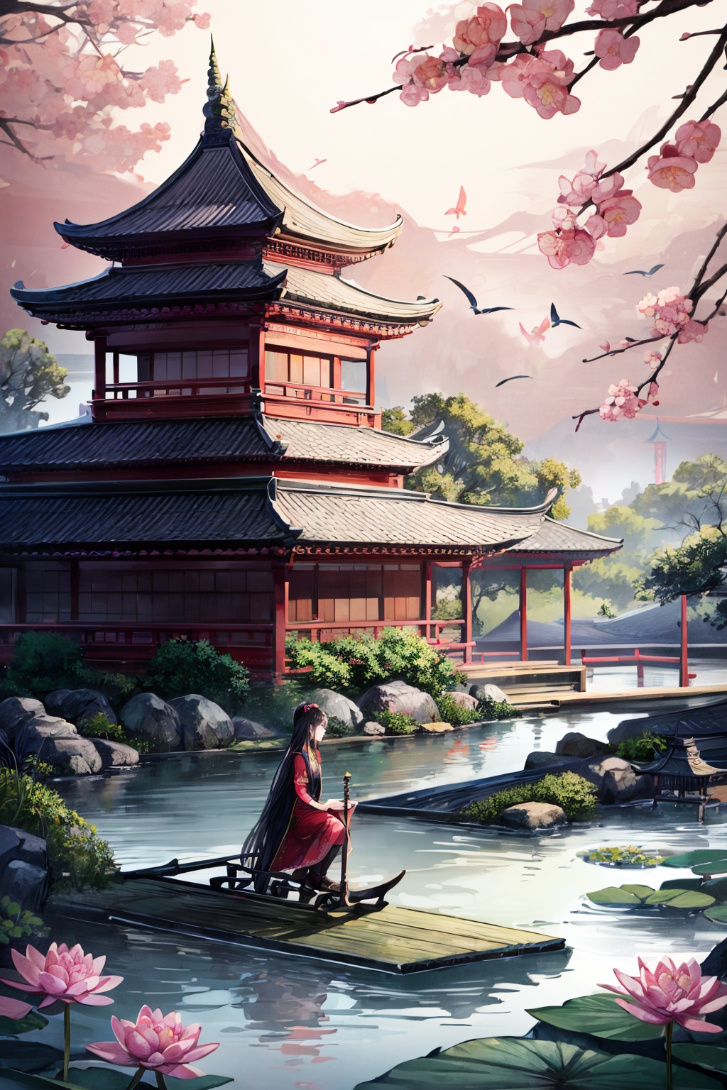 Realistic,best quality,masterpiece,8K,HDR,RAW,1girl,<lora:add_detail:0.6>,mount,water,water lily,chinese style,east asian architecture,<lora:ENNE 水墨丹青_v09:1>,smdq,