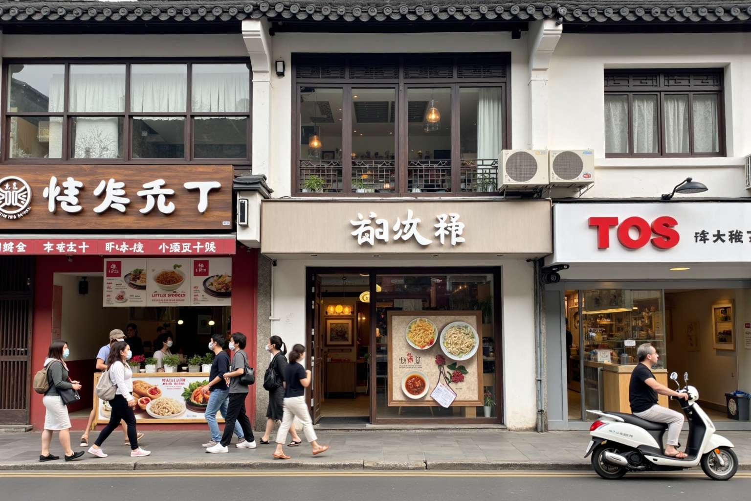 landscapejam, zssyj,landscapejam, zssyj, The image depicts a street scene with a row of shops and a few pedestrians. On the left, there is a shop with a sign that reads "Big Bowl Tea" and "Tea Art" in Chinese characters, along with a menu featuring various teas. Next to it, there is a shop with a sign that reads "Little Noodles" and "Pulling Noodles" in Chinese characters, along with a menu showcasing different types of noodles. On the right, there is a shop with a sign that reads "TOS" and "Tea and Travel" in Chinese characters, along with a menu featuring various teas and travel-related items. In front of the shops, there are several people walking, and a person is riding a scooter. The architecture of the buildings has a traditional style with wooden details and large windows. The overall atmosphere suggests a bustling urban area with a focus on Asian cuisine and tea culture., landscapejam, zssyj,
