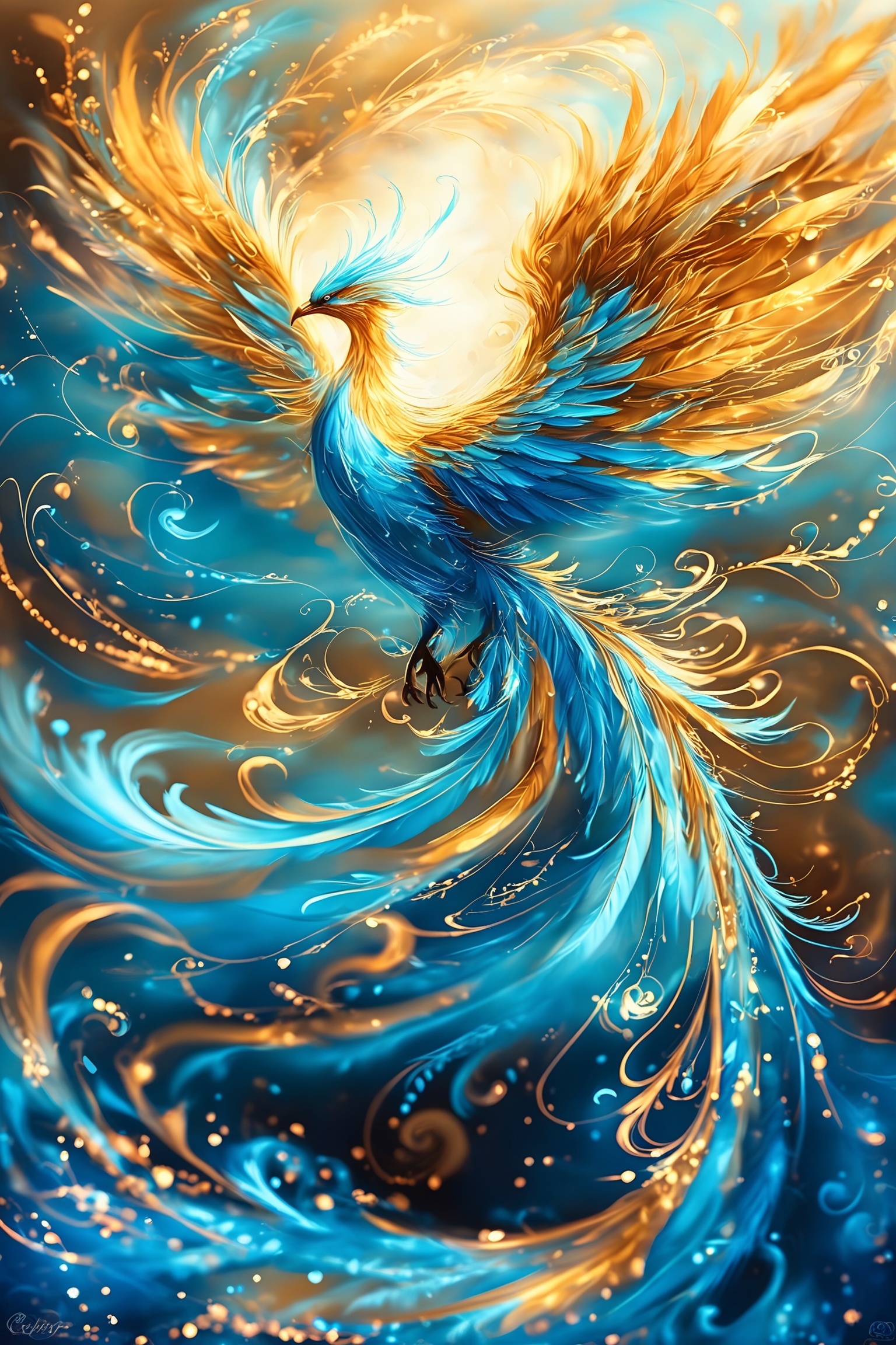 yishou,The image depicts a majestic,ethereal bird with a blend of blue and golden hues. Its wings are spread wide,showcasing intricate feather details that shimmer with a luminous glow. The bird appears to be in mid-flight,surrounded by swirling,mystical patterns and glowing particles,creating a sense of movement and energy. The background is a deep,rich blue,enhancing the overall magical and otherworldly atmosphere of the scene.,