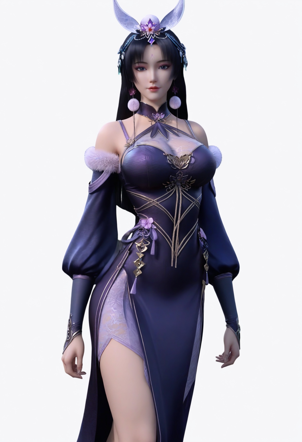 score_9,<lora:SF_MuYuMo_Pony_Realism2.3-000004:0.7>,1girl,solo,hair ornament,long hair,large breasts,black hair,dress,looking at viewer,white background,simple background,