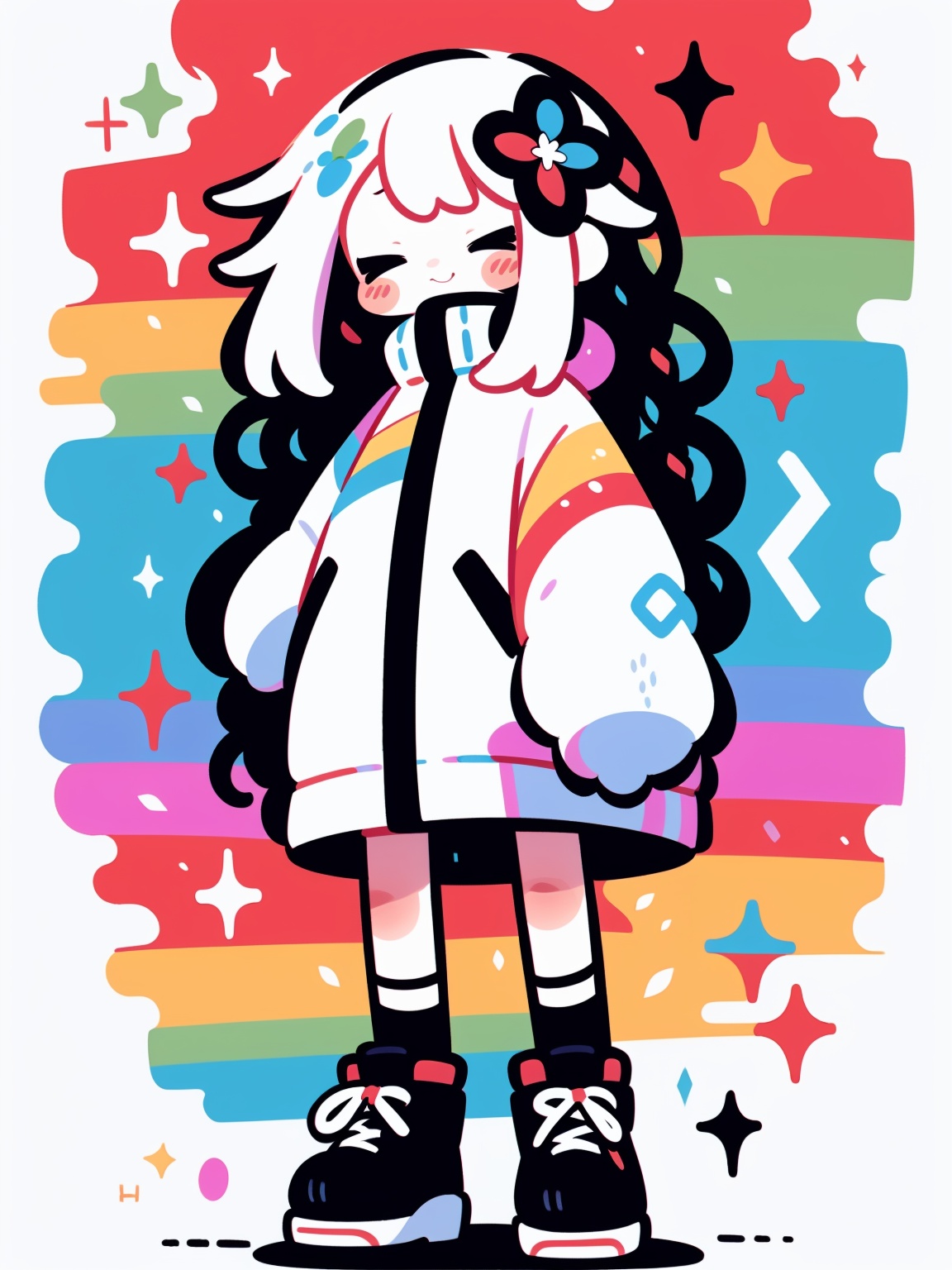 HTTP, 1girl, solo, black footwear, full body, hair ornament, shoes, long sleeves, multicolored hair, white hair, standing, high collar, no nose, hair flower, closed eyes, sleeves past wrists, blush stickers<lora:HTTP_20231126194709-000006:1>