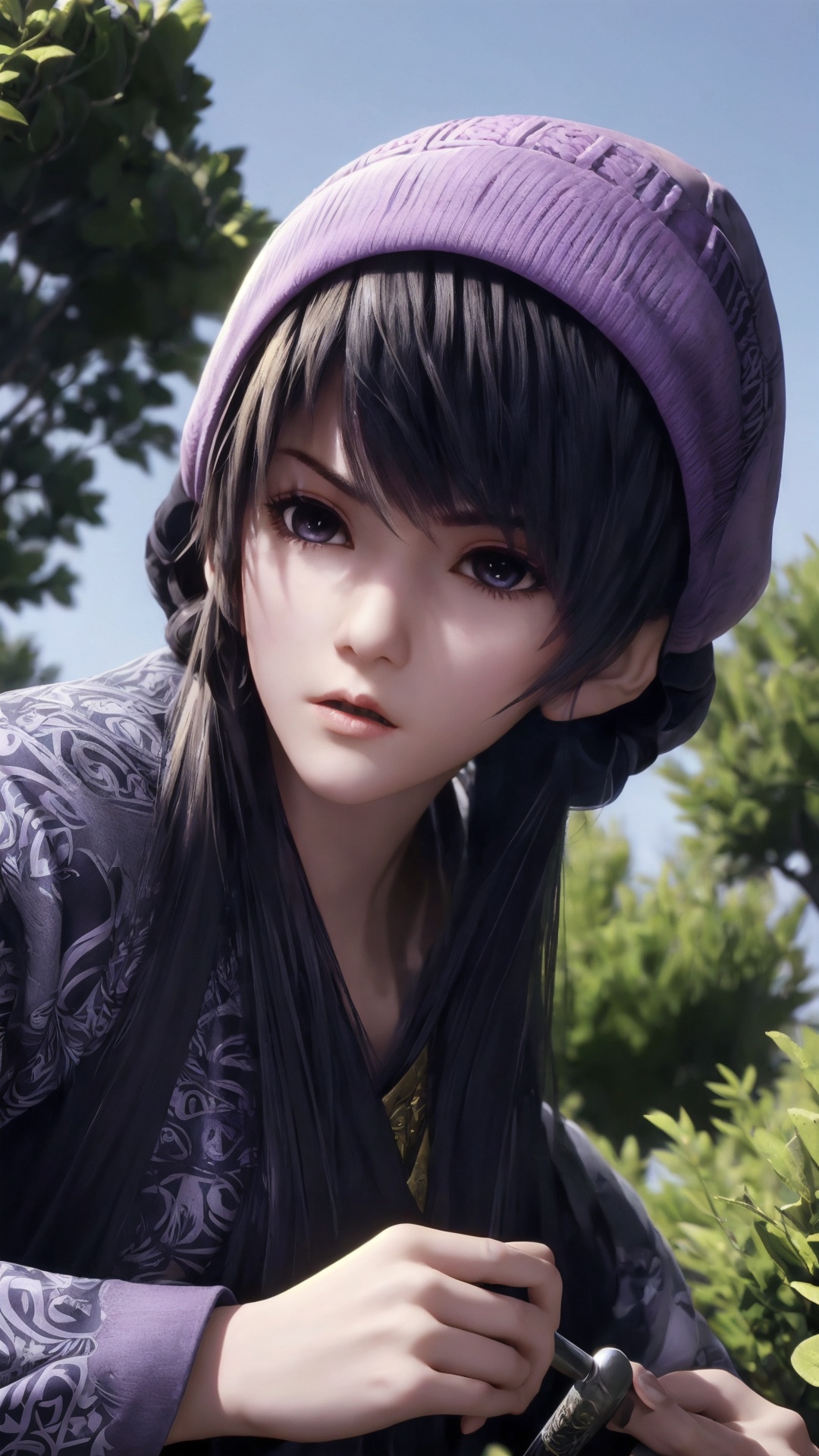 The image is a close-up portrait of a young woman with dark hair and a purple hat. She is wearing a black and gold outfit with intricate patterns and designs. The woman is holding a sword in her right hand and appears to be ready for battle. She has a serious expression on her face and is looking directly at the camera. The background is blurred,but it seems to be an outdoor setting with trees and a blue sky. The overall mood of the image is intense and dramatic.,<lora:1.5端木蓉(4):0.8>,