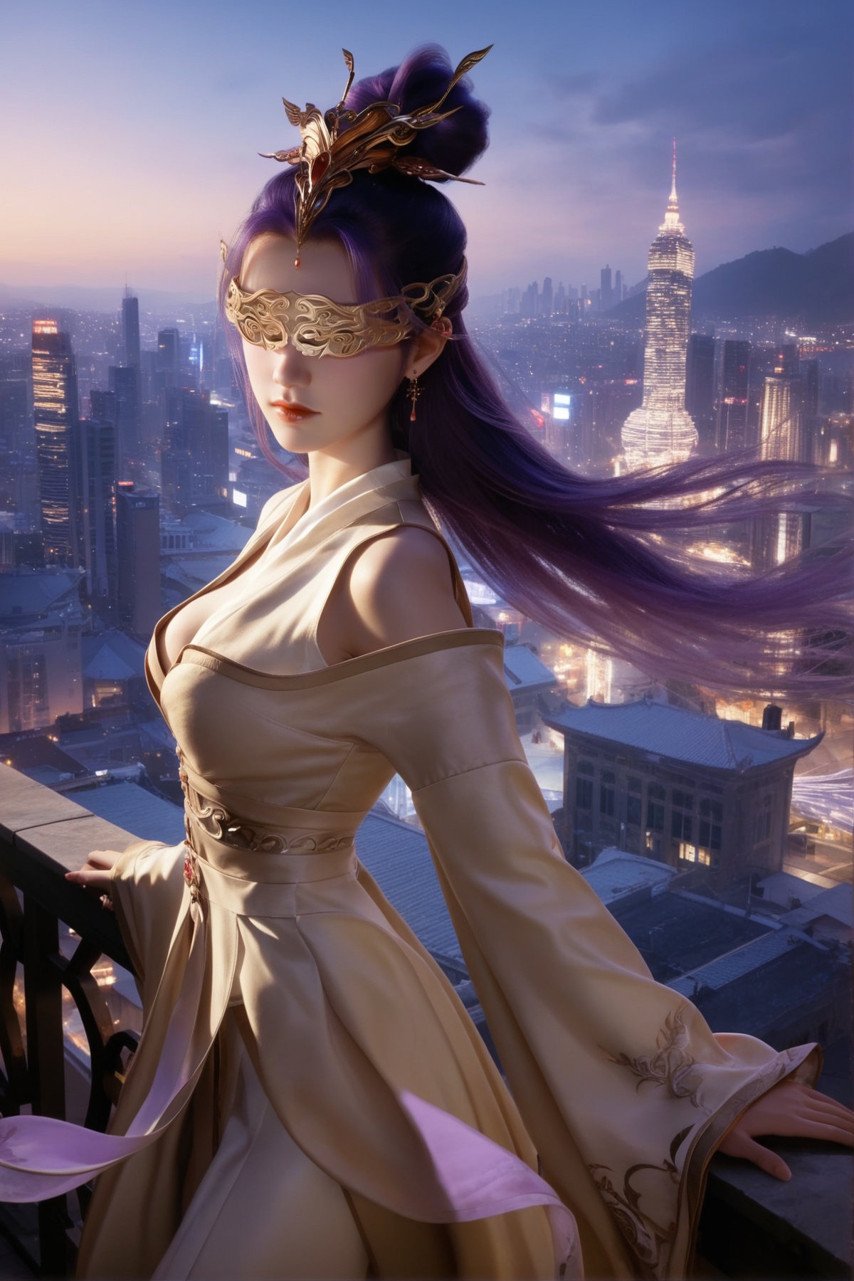 score_9,score_8_up,score_7_up,<lora:wy_yueliu_XLyl:0.8>,purple hair,Blindfold,hair bun,facial mark,1girl,long hair,breast,medium breast,hair_ornament,hanfu,long_sleeves,standing,city,skyline,looking_at_viewer,