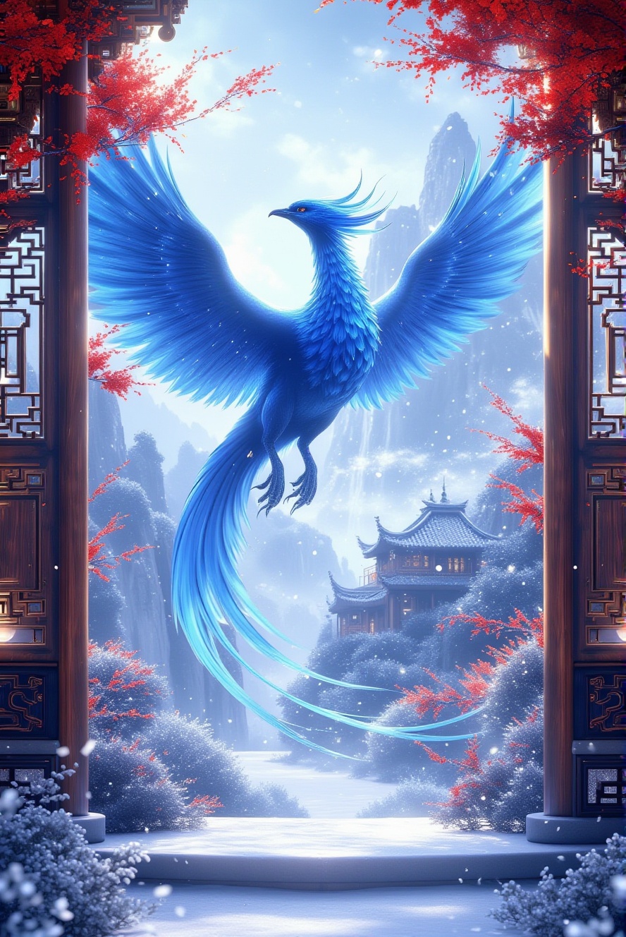 east asian architecture, scenery, architecture, snow, tree, no humans, mountain, outdoors, lantern, autumn leaves, building, snowing, leaf, winter, sky, maple leaf, (Phoenix, fire, CG fantasy digital illustration, blue phoenix-like creature, highlight treatment, curved body, spread wings,and the word "FengHuang " is written in the center of the poster,<lora:门停(1):1> <lora:凤凰:1>