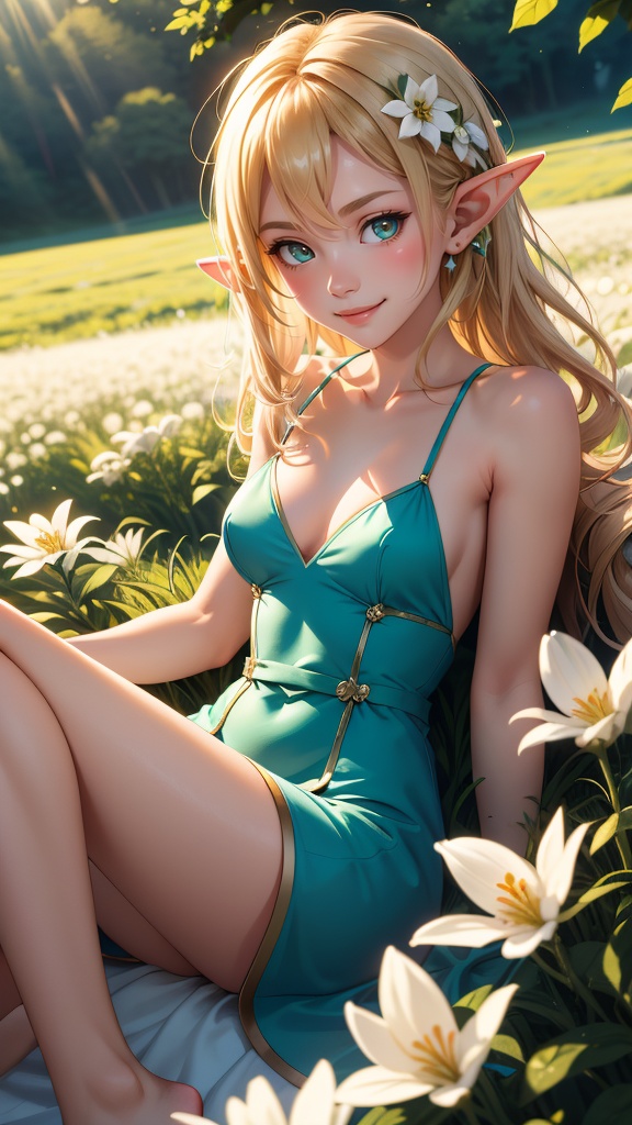 masterpiece,  best quality,  elf adventurer lying down in a field of white flowers on Tensor.Art