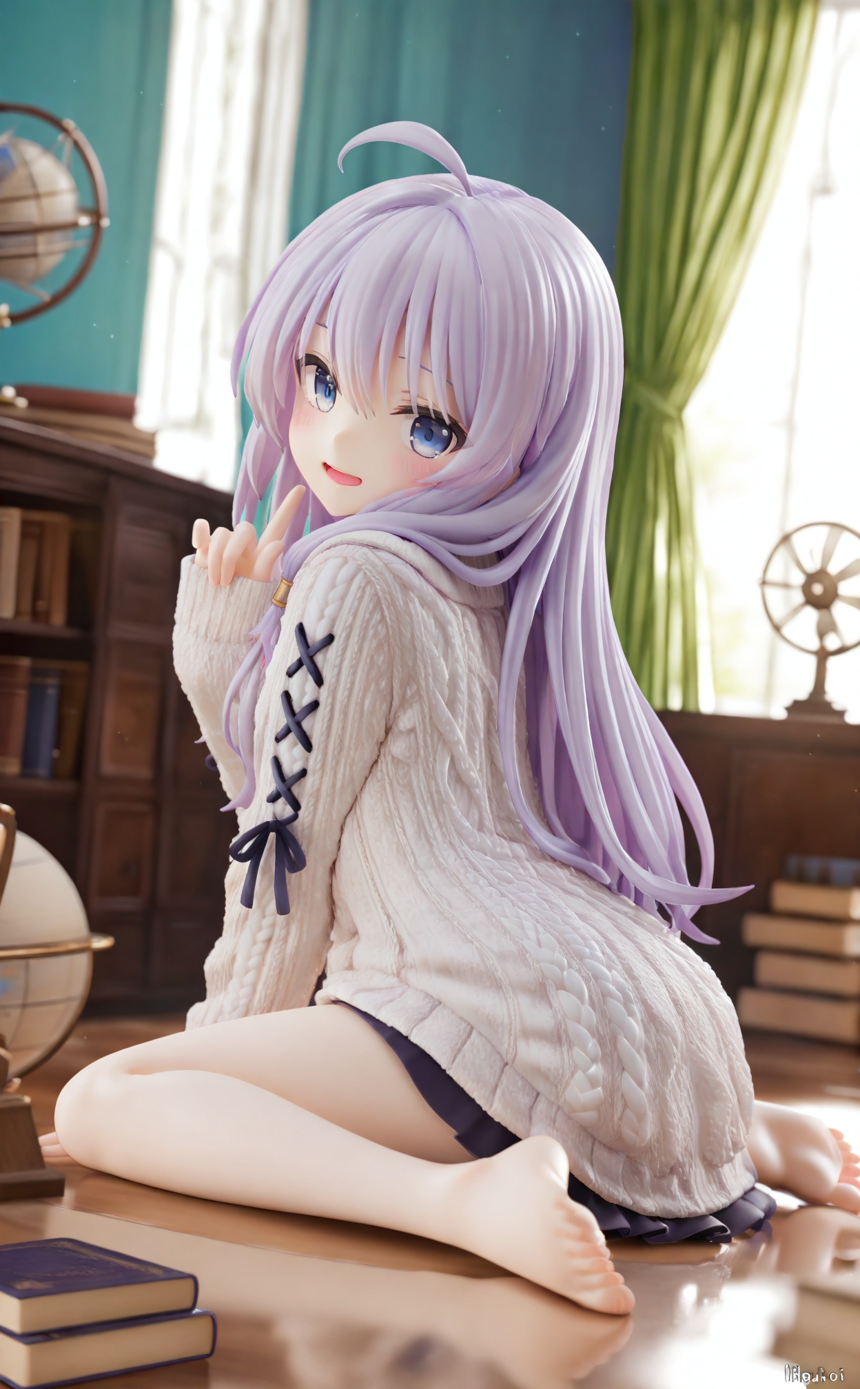 masterpiece,loli,1girl,elaina \(majo no tabitabi\),long hair,solo,ahoge,blurry,barefoot,blue eyes,sweater,sitting,wariza,looking at viewer,blurry background,open mouth,book,smile,aran sweater,globe,indoors,depth of field,cable knit,long sleeves,book stack,hair between eyes,sleeves past wrists,window,electric fan,curtains,index finger raised,grey hair,feet,blush,:d,soles,artist name,bare legs,hand up,toes,very long hair,white sweater,from side,desk,looking back,unicorn \(azur lane\),dress,purple hair,<lora:pvc3——【Illustrious】hans:0.8>,