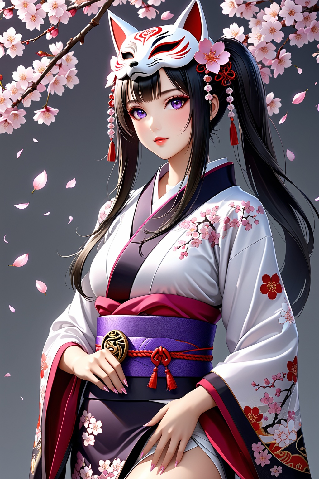 8k, best quality, masterpiece, (ultra-detailed:1.1), (high detailed skin),(full body:1.3), standing, looking at viewer, (solo:1.4), hand on hip, huahuo, 1girl, single_glove, mask on head, sash, black hair, twintails, purple eyes, obi, fox mask, single glove, japanese clothes, Cherry blossom tattoo, chest tattoo,(beautiful_face), ((intricate_detail)), clear face,((finely_detailed)), fine_fabric_emphasis,((glossy)), full_shot,