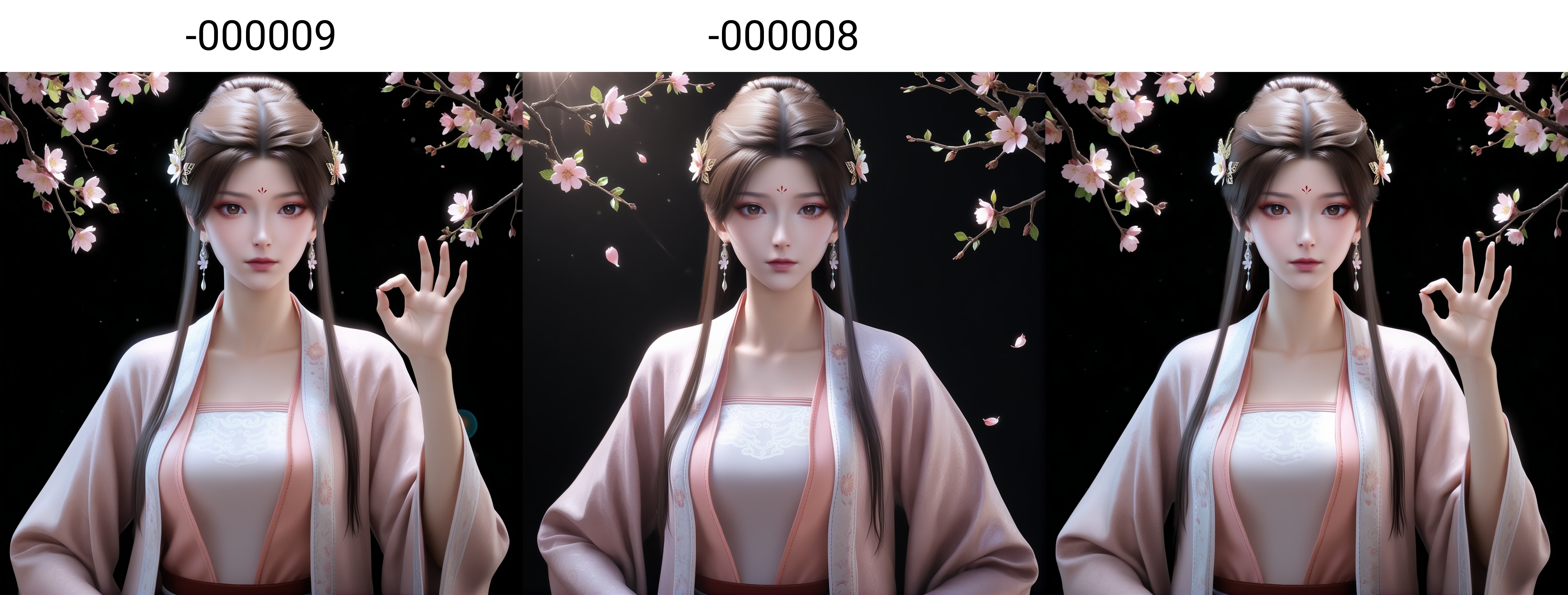 masterpiece,best quality,absurdres,highres,(glamor:1.1),(slender:1.1),skinny,<lora:苏檀儿-ill-000009:0.83>,1girl,solo,flower hair accessory,hair flower,hair ornament,long hair,half-up bun,dark brown hair,jewelry,earrings,forehead mark,brown eyes,pupils,dilated_pupils,brown_pupils,silk robe,pink robe,layered outfit,beizi,ru top,waist sash,pink,collarbone,large breasts,sutaner,looking at viewer,(front view),(ok_sign),BREAK(white_skin:1.1),(fair_skin:1.1),realistic,twig,branch,falling petals,simple background,black background,rim light,Volumetric Lighting,lens flare,Tyndall effect,depth of field,bokeh,sparkle,
