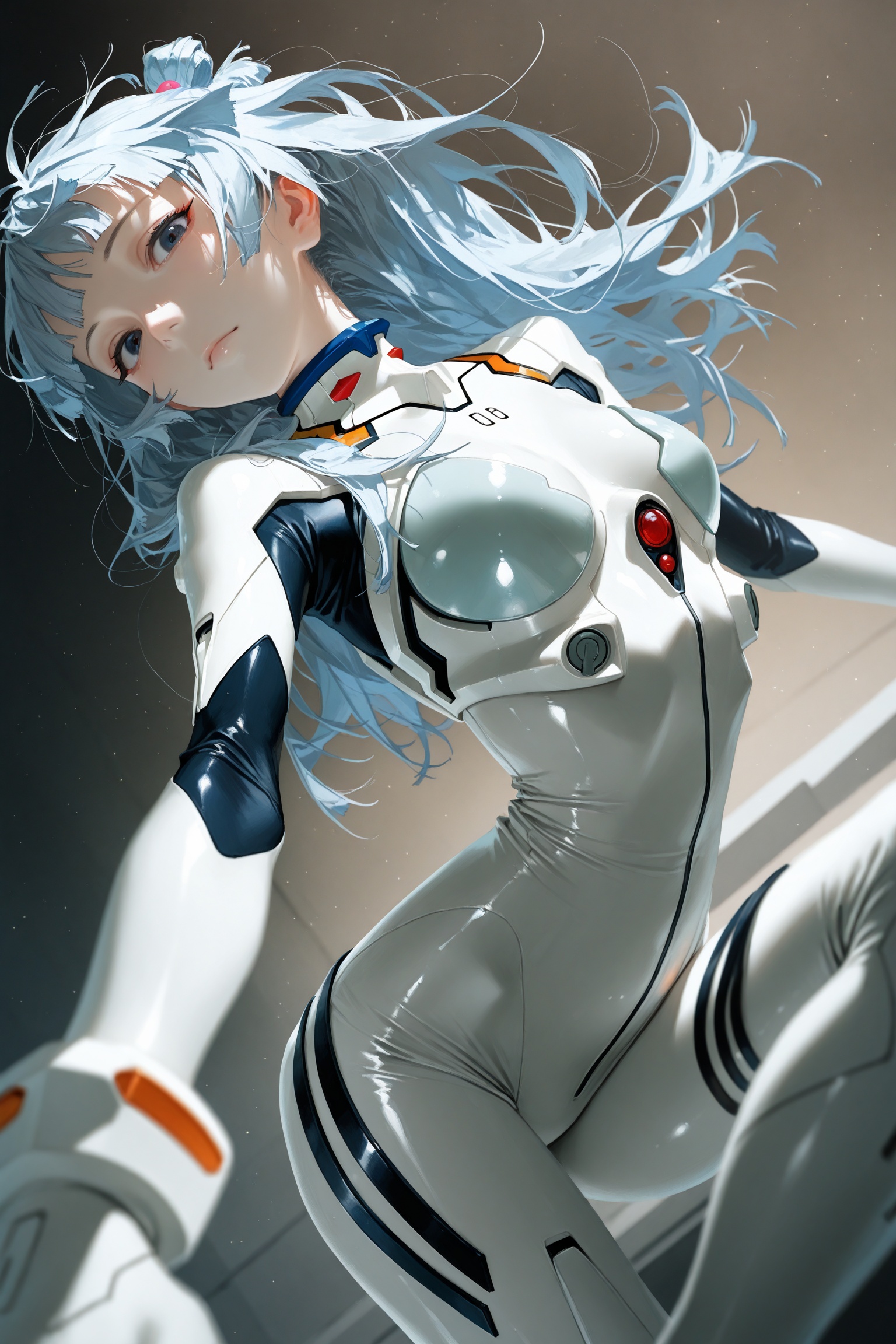 realistic,masterpiece,best quality,amazing quality,very aesthetic,absurdres,newest,in the style of fashion photography,light particles,Visual impact,sharp focus,Emotionalization,impactful picture,depth of field,dynamic pose,dutch angle,extreme aesthetic,(dino_(dinoartforame):0.5),(yoneyama mai:0.5),(Yomu:0.3),(quasarcake:0.4),(wlop:0.3),1girl,maomao \\(kusuriya no hitorigoto\\),plugsuit,pilot suit,white bodysuit,looking at viewer,head tilted,light blue long hair,hair blowing in the wind,(intricate details),(dynamic angle),fluffy hair,air bangs,
