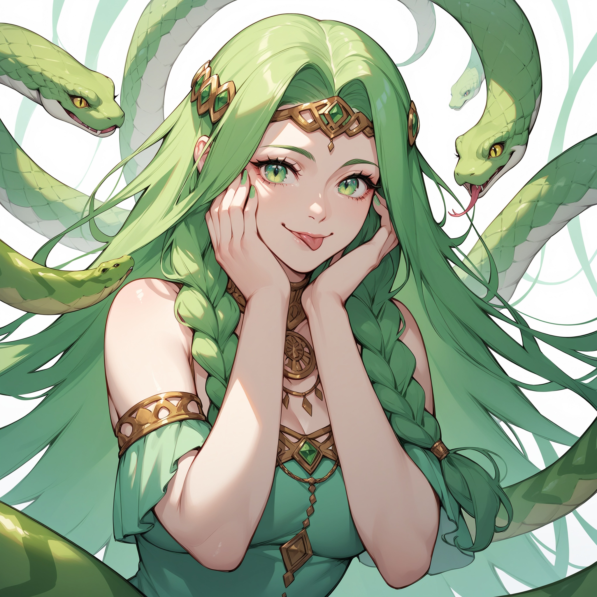 score_9,score_8_up,score_7_up,score_6_up,1girl,esora,green eyes,green hair,long hair,many braids,smile,tongue,green dress,jewerly,hands on cheek,fluffy dress,snake,tiara,medusa gorgon,