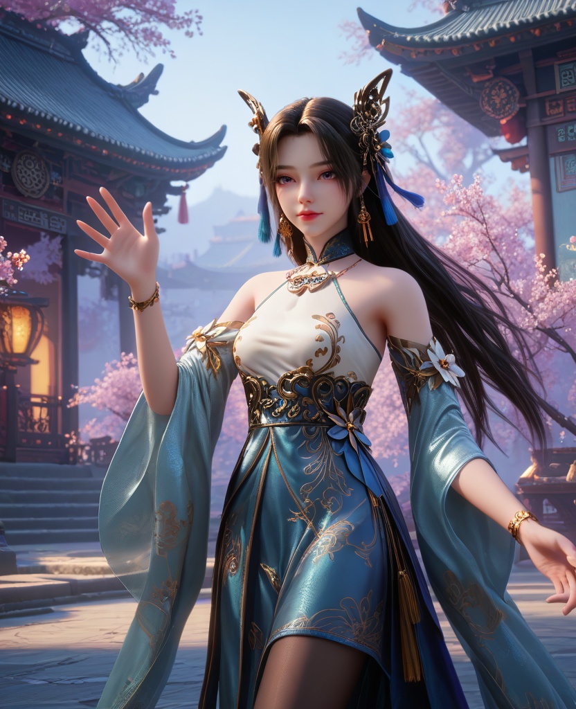 (oriental architecture, elegant decor, sophisticated style:1.1),(waving hands:1.1),(breasts:1.2),<lora:XL16克金玩家璎珞:0.95>,miss yingluo,blue peplum gown with white corset,violet eyes,black hair,long hair,hair ornament,necklace,jewelry,bracelet,black pantyhose,wide flowing sleeves,faux floral embellishments,, score_9,score_8_up,score_7_up,score_6_up,score_5_up,score_4_up,3d rendering,tag1,tag2, Cinematic Lighting,backlighting,, zPDXL3, zPDXL2,zPDXL, zPDXLxxx, zPDXLrl,