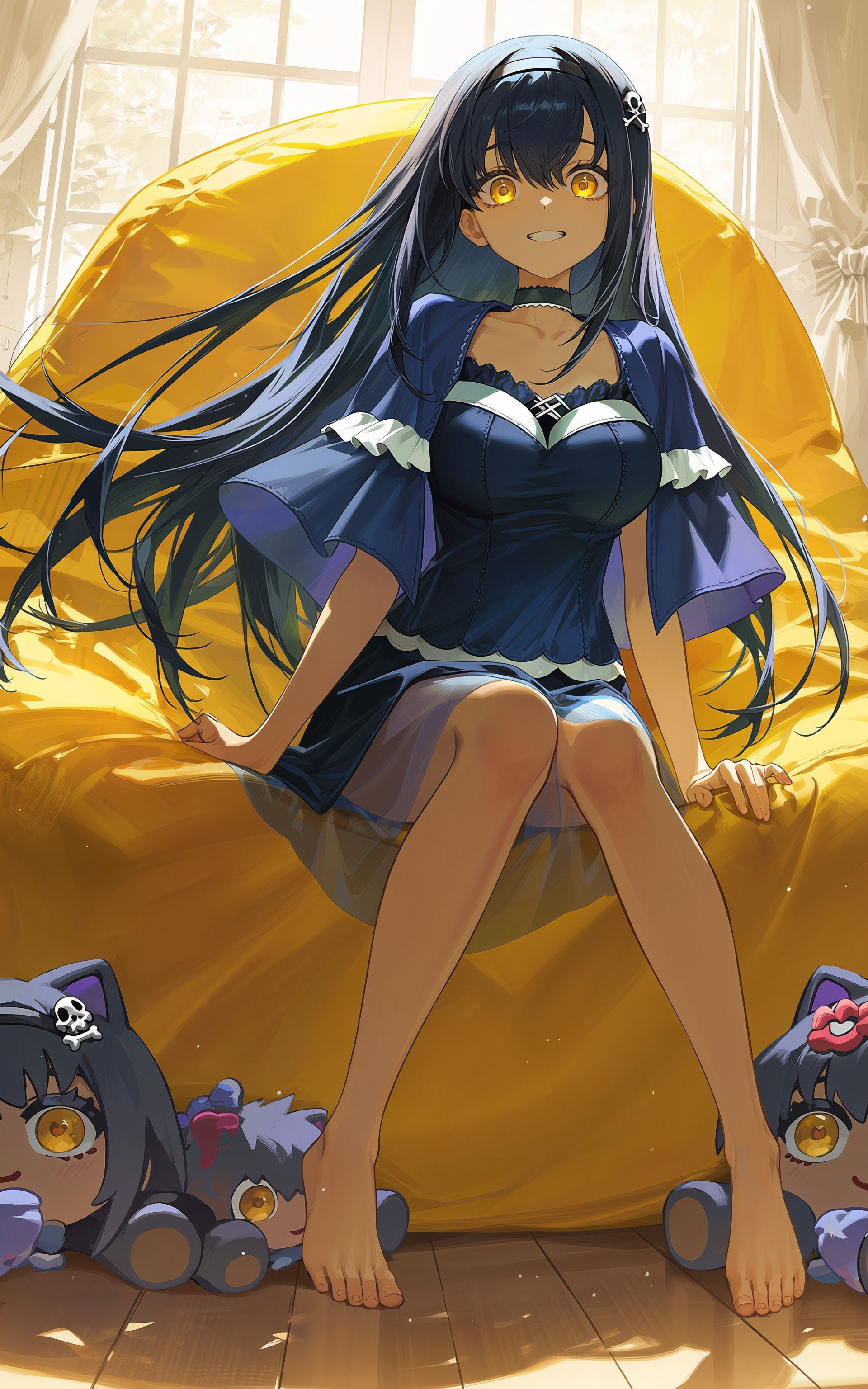 score_8,  score_7,  A sun-drenched room overflows with golden light. kushima kamome sits on a large yellow beanbag on Tens...