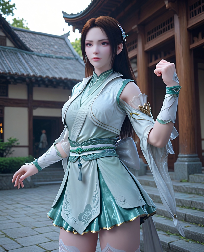 (oriental architecture, elegant decor, sophisticated style:1.1),(Super Strength Pose, Flexing muscles with a determined look, ready to showcase incredible strength,:1.1),looking at viewer,(breasts:1.2),<lora:XL斗破苍穹斗皇纳兰嫣然:0.95>,miss yanran,aloes green dress,vest,sash,aloes green overskirt,green miniskirt,brown eyes,black hair,long hair,hair ornament,wristband,white thighhighs,, score_9,score_8_up,score_7_up,score_6_up,score_5_up,score_4_up,3d rendering,tag1,tag2, Cinematic Lighting,backlighting,, zPDXL3, zPDXL2,zPDXL, zPDXLxxx, zPDXLrl,