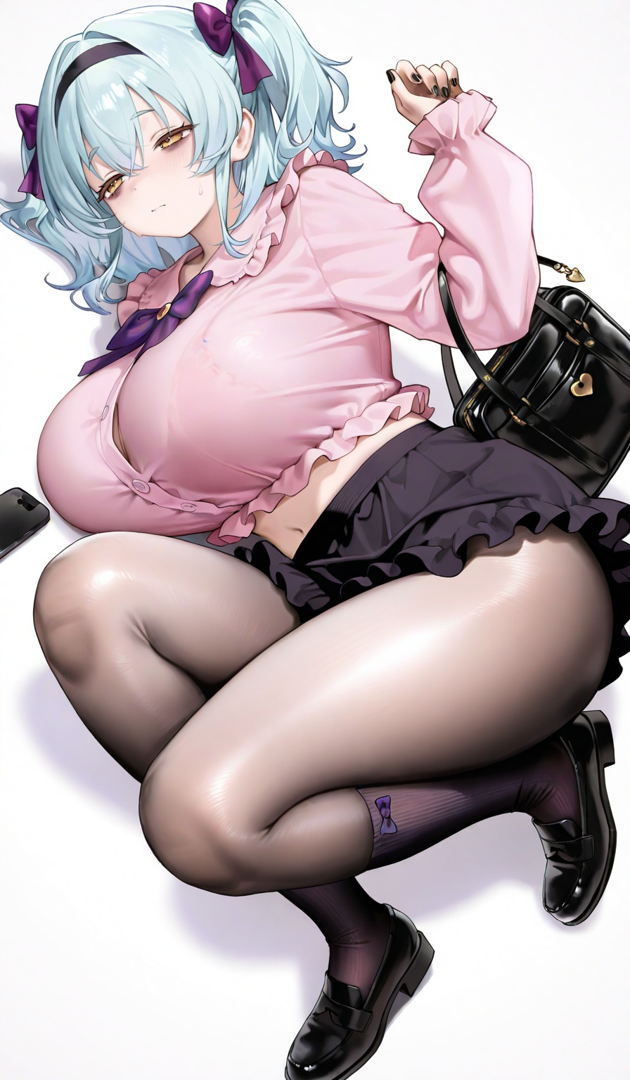 highres,absurdres,newest,very awa,masterpiece,best quality,year 2024,\,<lora:肉感画风激活词SenSen:1>,SenSen,fine fabric emphasis,see-through pantyhose,shiny pantyhose,breasts,navel,scrunchie,thick thighs,huge breasts,\, 1girl,solo,hair between eyes,medium hair,(twintails:1.1),light blue hair,long sidelocks,gradient eyes,yellow eyes,(orange eyes:0.8),bags under eyes,tareme,half closed eyes,short eyebrows,Black nails,(Black headband:1.1),(purple bow hair ribbon:1.1),1girl, phone, skirt, pink shirt, socks, cellphone, solo, shirt, black skirt, smartphone, black footwear, twintails, black socks, frills, bag, bow, kneehighs, long sleeves, hair bow, shoes, black bow, two side up, handbag, frilled shirt,frilled skirt, ribbon, breasts,white background,