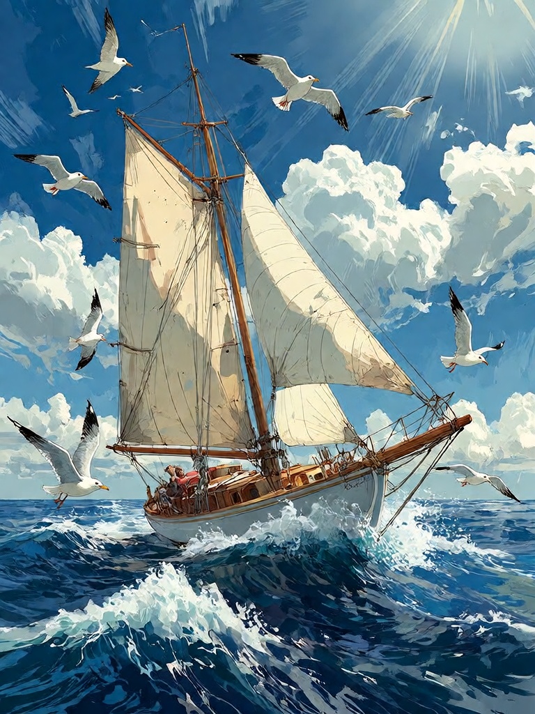 Bradhamel art style.A vibrant,  stylized illustration of a wooden sailboat with two large tan sails cutting through deep b...
