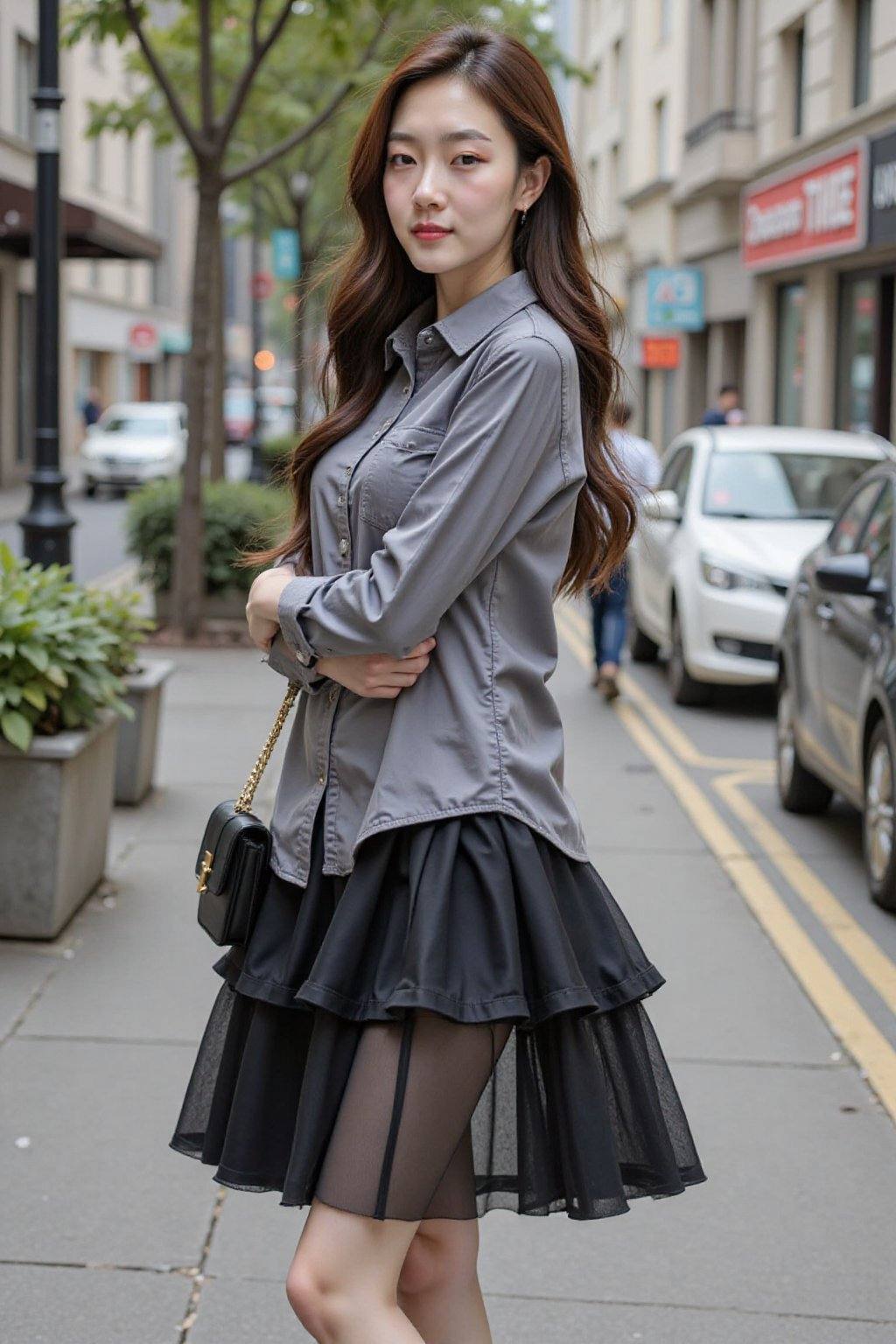 A young Asian woman,  estimated age early to mid-20s,  poses on a city sidewalk on Tensor.Art