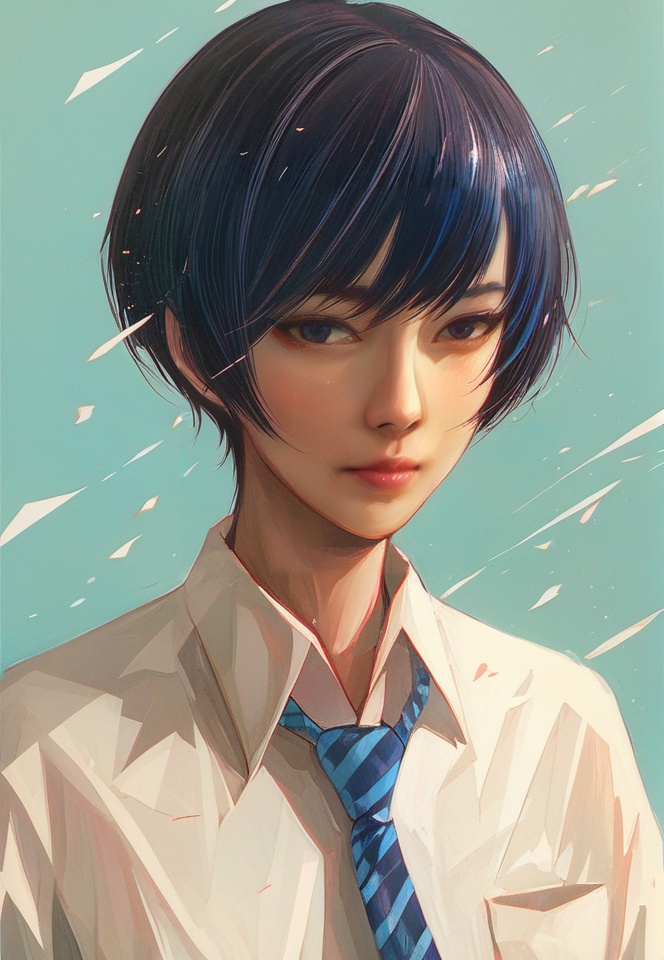 (best quality), ((masterpiece)), (highres), illustration, original, extremely detailed, <lora:少女梦绘卷:0.7>1girl, solo, wing collar, shirt, necktie, collared shirt, looking at viewer, white shirt, blue necktie, nose, striped necktie, upper body, short hair, closed mouth, black hair, diagonal stripes, striped