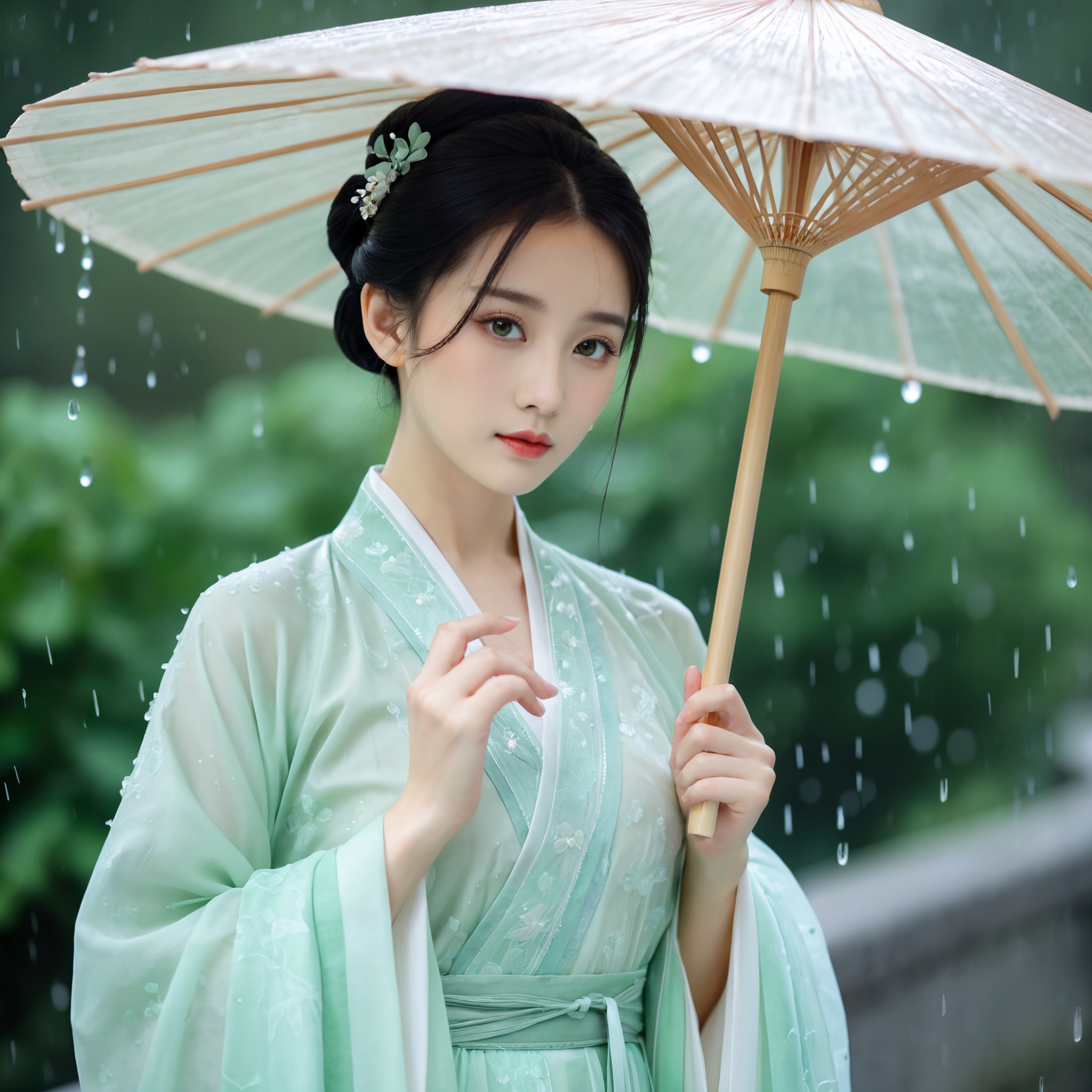 Masterpiece,8k,a Chinese style girl,paper umbrella,hanfu,rain,light jade,ethereal Youhong,elegant,detailed design,chinese hanfu,rain,light green tone,Textured skin,skin granules,