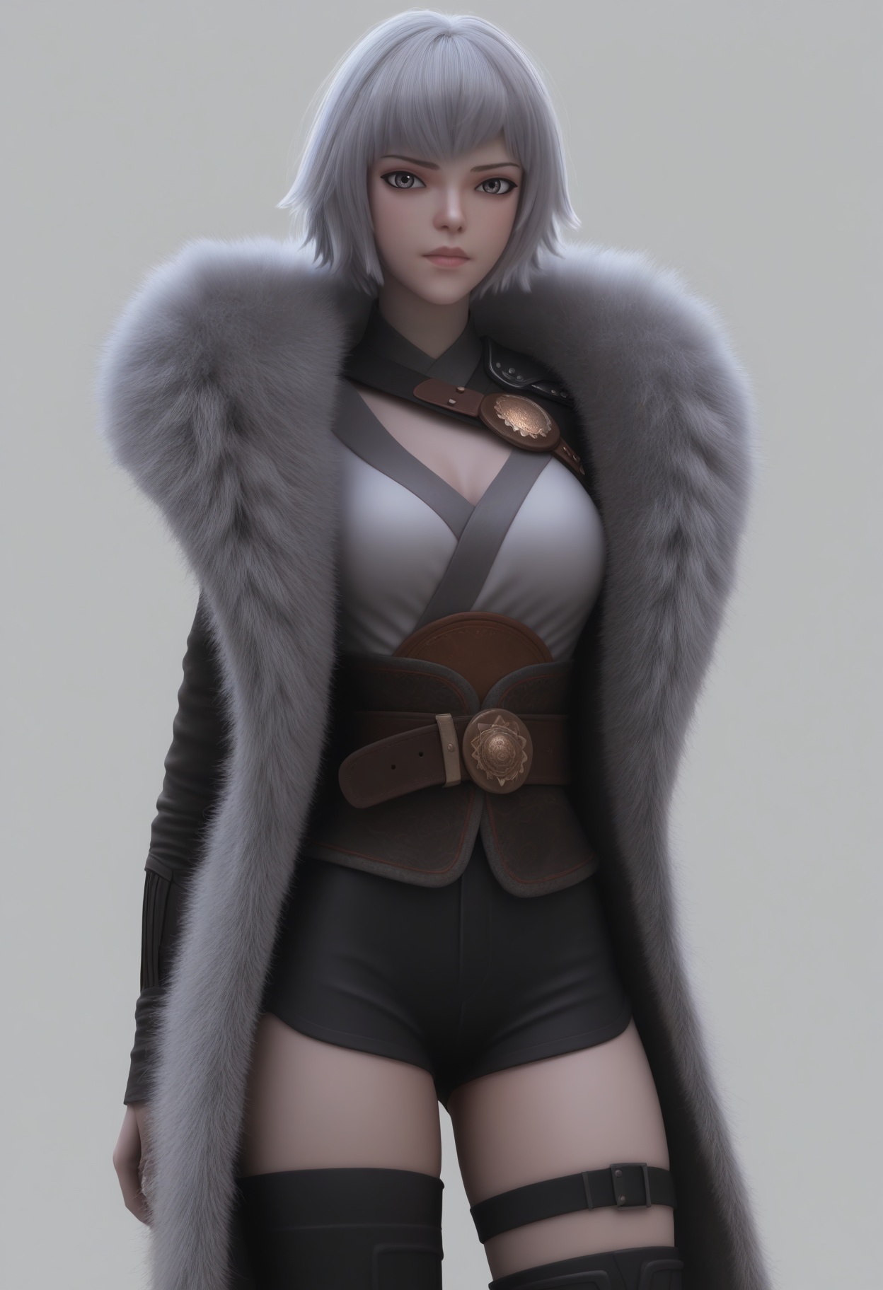 score_9,score_8_up,score_7_up,high detail,best quality,cinematic lighting,volumetric lighting,shiny skin,shiny,1girl,solo,armor,thigh strap,grey eyes,breasts,belt,fur coat,short hair,white hair,white background,shorts,simple background,closed mouth,thighhighs,standing,lips,cowboy shot,sheathed,looking at viewer,<lora:QQSponybaiyuekuiV1:0.8>,<lora:Pony_DetailV2.0:0.8>,<lora:皮肤凹痕:0.1>,