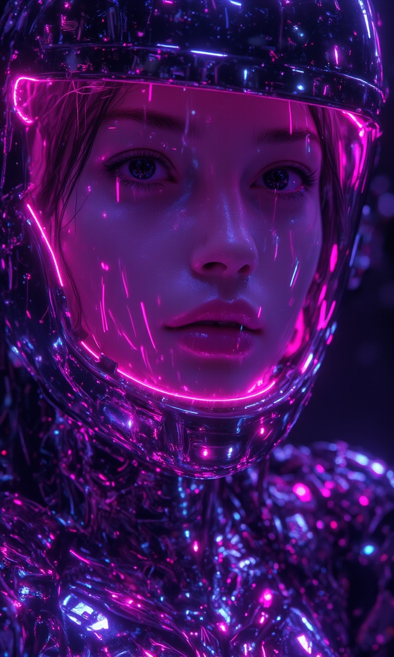 JMstyle-CGI,A photograph of a woman wearing a futuristic helmet with a clear visor, the helmet is metallic and has various lights and wires running through it, the helmet has a reflective surface and is glowing with bright pink and blue neon lights. The woman has short, straight, dark hair and is looking directly at the camera with a neutral expression. She has fair skin with a few freckles and a small beauty mark on her left cheek. The background is dark and out of focus, the lighting is soft and even, highlighting the woman's face and the helmet. The image is high quality and has a sci-fi, cyberpunk aesthetic. The woman's lips are slightly parted, and her eyes are wide open, giving her a robotic or android-**** appearance. The helmet has a sleek, modern design with a metallic sheen, and the neon lights add a vibrant, futuristic touch. The woman's face is the main focus of the image, with the helmet taking up a significant portion of the frame. The photo has a cool color palette with shades of pink, blue, and silver. The woman's expression is calm and composed, and her makeup is minimal, enhancing her natural features. The image has a high level of detail and clarity, with a shallow depth of field.