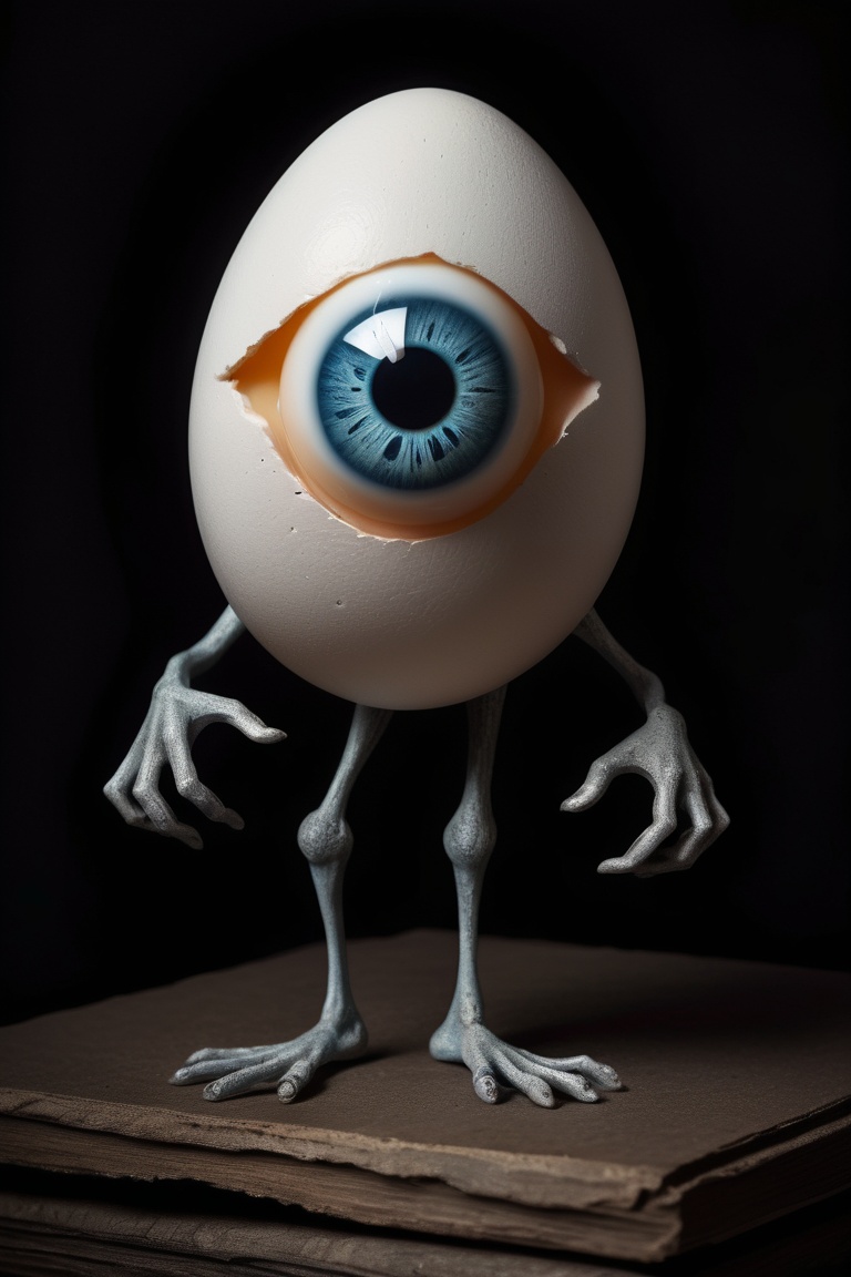 a drawing of a person holding an egg with a eyebal with arms and legs,  in the style of surreal fashion photography,  dark...