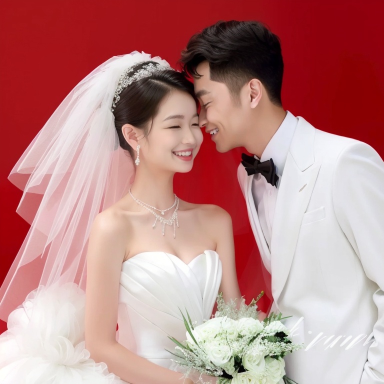 ((HRD, HUD, 8K)),((masterpiece, best quality)), highly detailed, soft light,WEDDING, 1girl, wedding dress, 1boy, bouquet, flower, dress, jewelry, black hair, hetero, necklace, veil, gloves, formal, closed eyes, bridal veil, bowtie, bride, bow, red background, earrings, couple, suit, wedding, strapless, holding, white dress, smile, white gloves, bare shoulders, rose, holding bouquet, short hair, simple background, red flower, husband and wife, <lora:20240407-1712491685411:0.8>