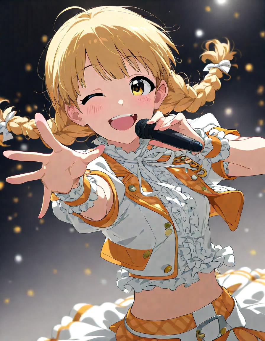 score 9,score 8 up,score 7 up, 1girl,fujita kotone,gakuen idolmaster,ogipote,ask \(askzy\),yoneyama mai,anime coloring,dutch angle,blonde hair,blurry background,reaching towards viewer,spread fingers,blush,center frills,yellow eyes,one eye closed,crop top,cropped jacket,frilled wristband,frills,holding microphone,music,neck ribbon,open mouth,ribbon,sekaiichi kawaii watashi \(idolmaster\),short sleeves,singing,smile,solo,teeth,tongue,twin braids,upper body,white ribbon,cinematic,depth of field,blurry background,