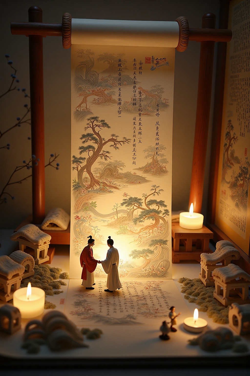 A work of art that combines ancient poetry and character scenes,where two ancient people travel into a painting and walk and talk under candlelight, The scroll is engraved with ancient poetry lines,combining Chinese style elements with realistic techniques to showcase the charm of Eastern aesthetics. A large paper tube is used as the visual center,surrounded by small dolls and candles to create an atmosphere,and lighting is used to illuminate specific areas,creating variations in depth and depth,