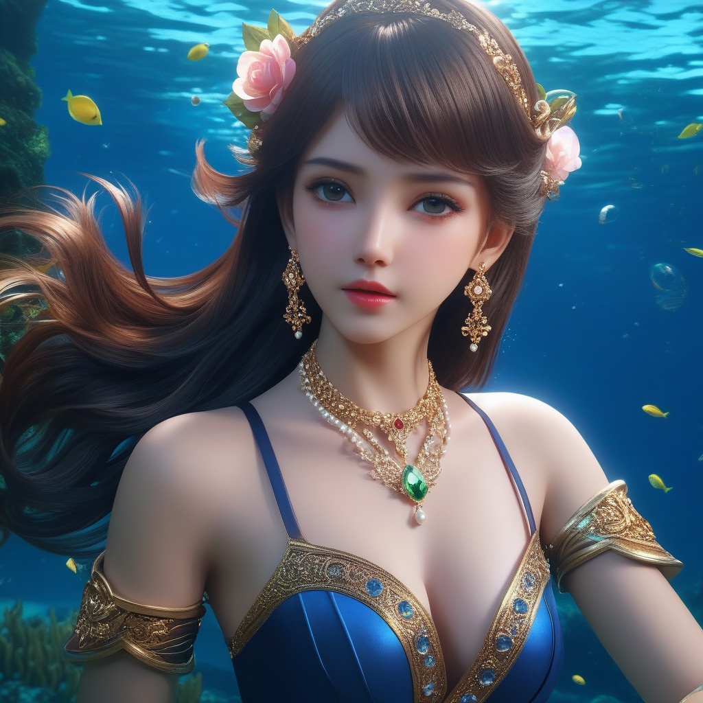 <lora:845-DA-XL-元龙-高瑶:0.6>, (,1girl, ,best quality, ),,masterpiece, ((((, solo,  , ,solo focus, ,underwater, )))) ,ultra realistic 8k cg,   clean, masterpiece,     cinematic lighting, cinematic bloom,  (( , )),, , unreal, science fiction, luxury, jewelry, diamond, gold, pearl, gem, sapphire, ruby, emerald, intricate detail, delicate pattern, charming, alluring, seductive, erotic, enchanting, hair ornament, necklace, earrings, bracelet, armlet,,(cleavage),,