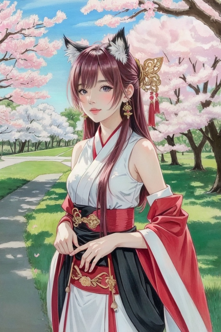 ((HRD, HUD, 8K)),((masterpiece, best quality)), highly detailed, soft light,ColoredLead, 1girl, solo, yae miko, pink hair, purple eyes, long hair, detached sleeves, japanese clothes, animal ears, looking at viewer, fox ears, breasts, branch, hair between eyes, jewelry, wide sleeves, earrings, bangs, bare shoulders, cherry blossoms, nontraditional miko, sketch, medium breasts, tree, hair ornament, ,  <lora:画风-彩铅-ColoredLead_v1.0:0.8>
