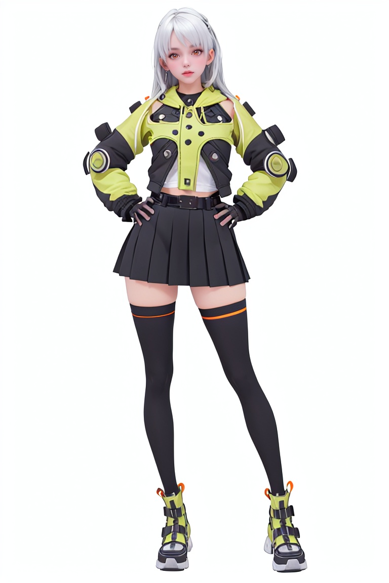 8k, best quality, masterpiece, (ultra-detailed), (high detailed skin), (full body:1.25), (white background:1.4), (simple background), standing, looking at viewer, (solo:1.2), hands on hips, <lora:anbi-sd-Tanger:1>, anbi, default clothes, 1girl, black fingerless gloves, black thighhighs, orange eyes, black  pleated skirt, 